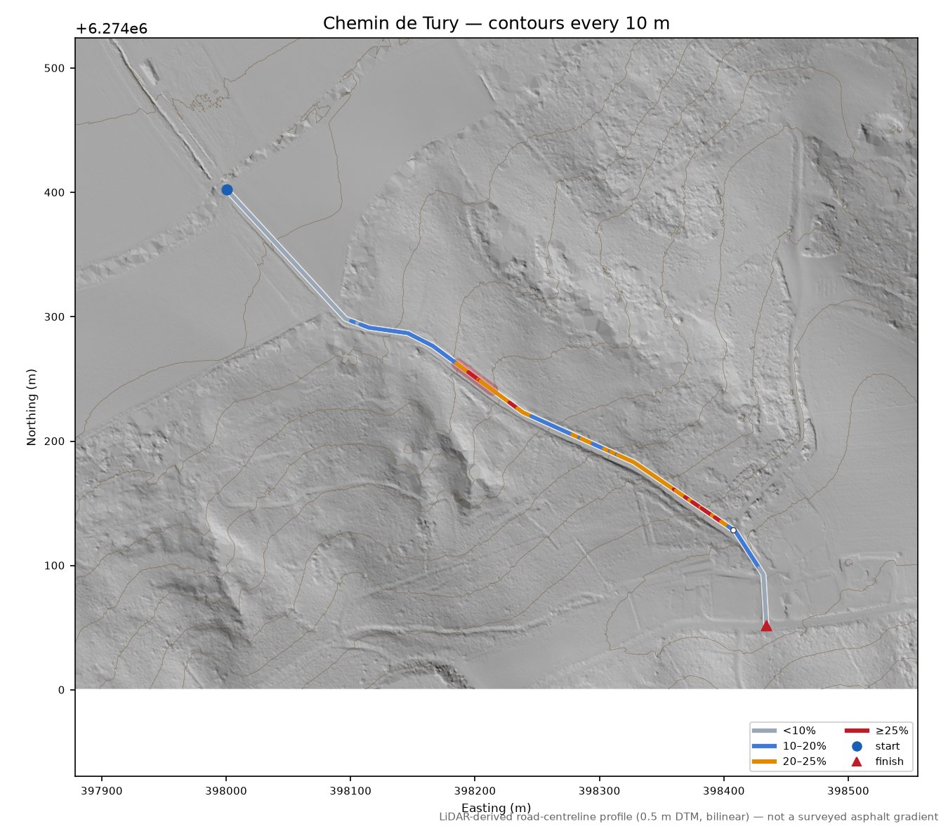 Chemin de Tury LiDAR hillshade map with contours
