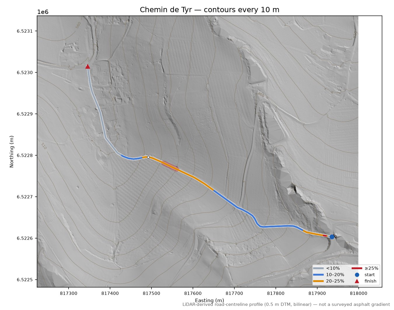 Chemin de Tyr LiDAR hillshade map with contours