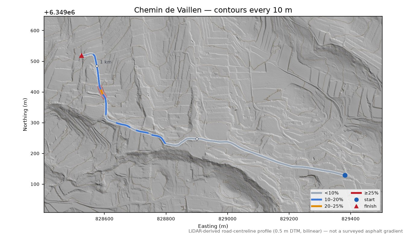 Chemin de Vaillen LiDAR hillshade map with contours