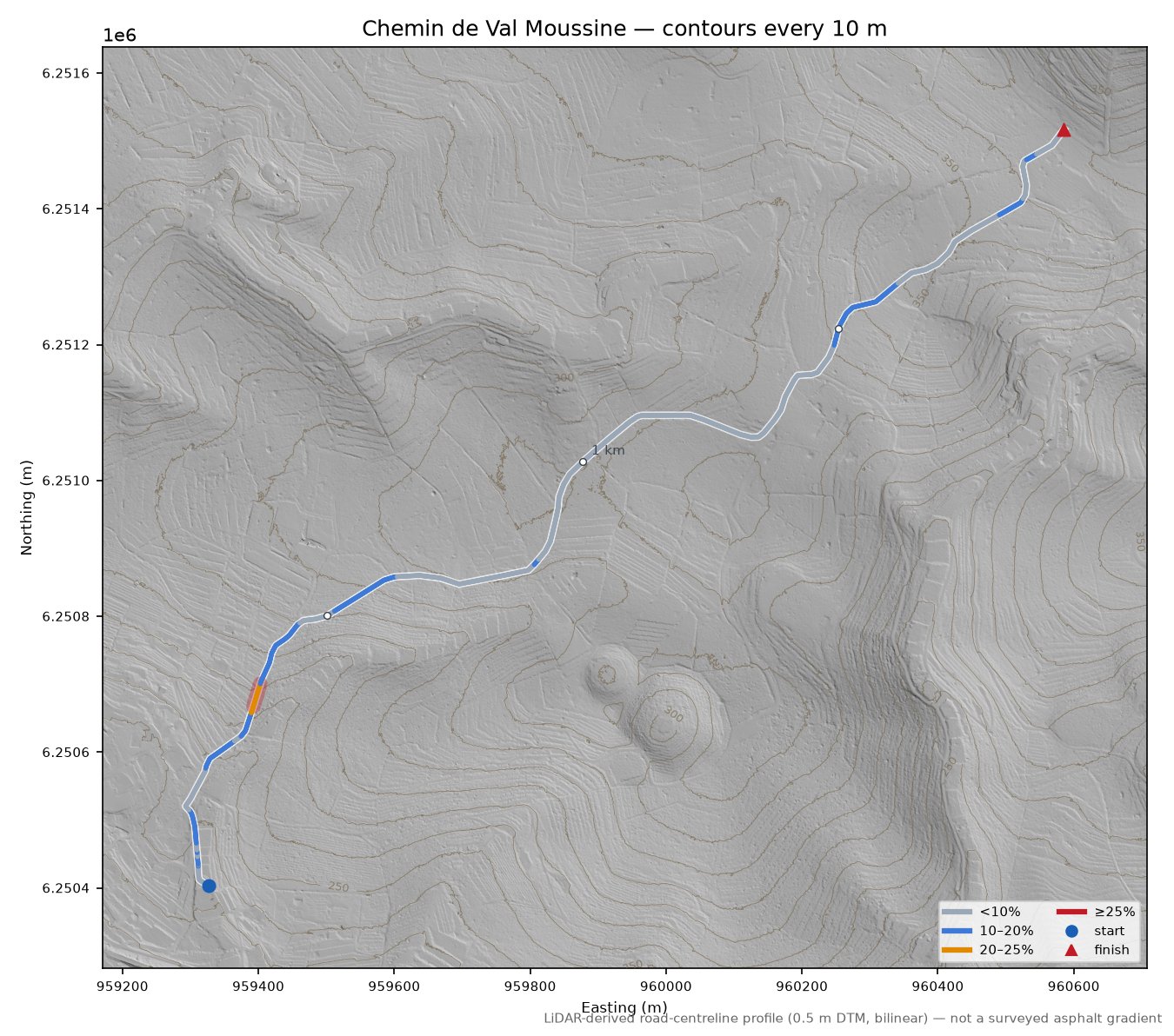 Chemin de Val Moussine LiDAR hillshade map with contours