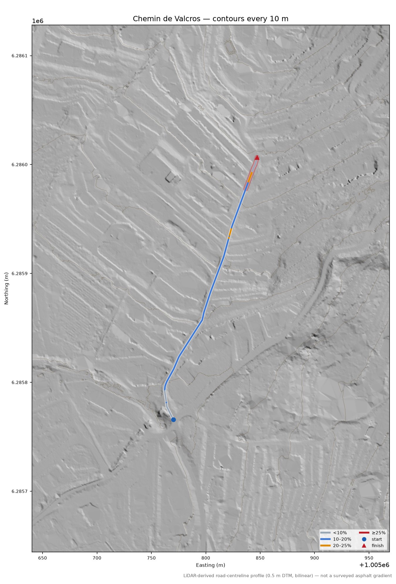 Chemin de Valcros LiDAR hillshade map with contours