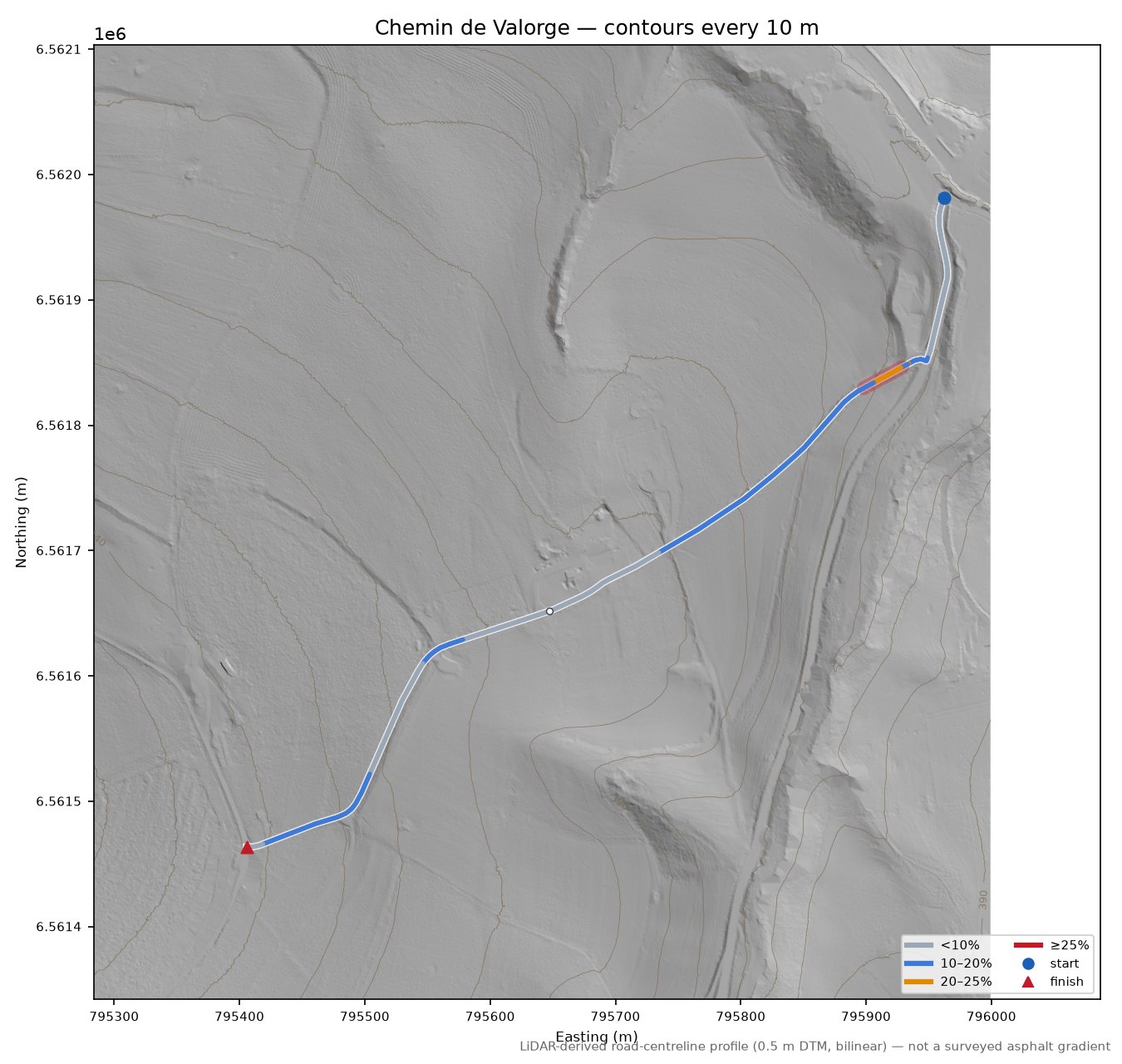 Chemin de Valorge LiDAR hillshade map with contours