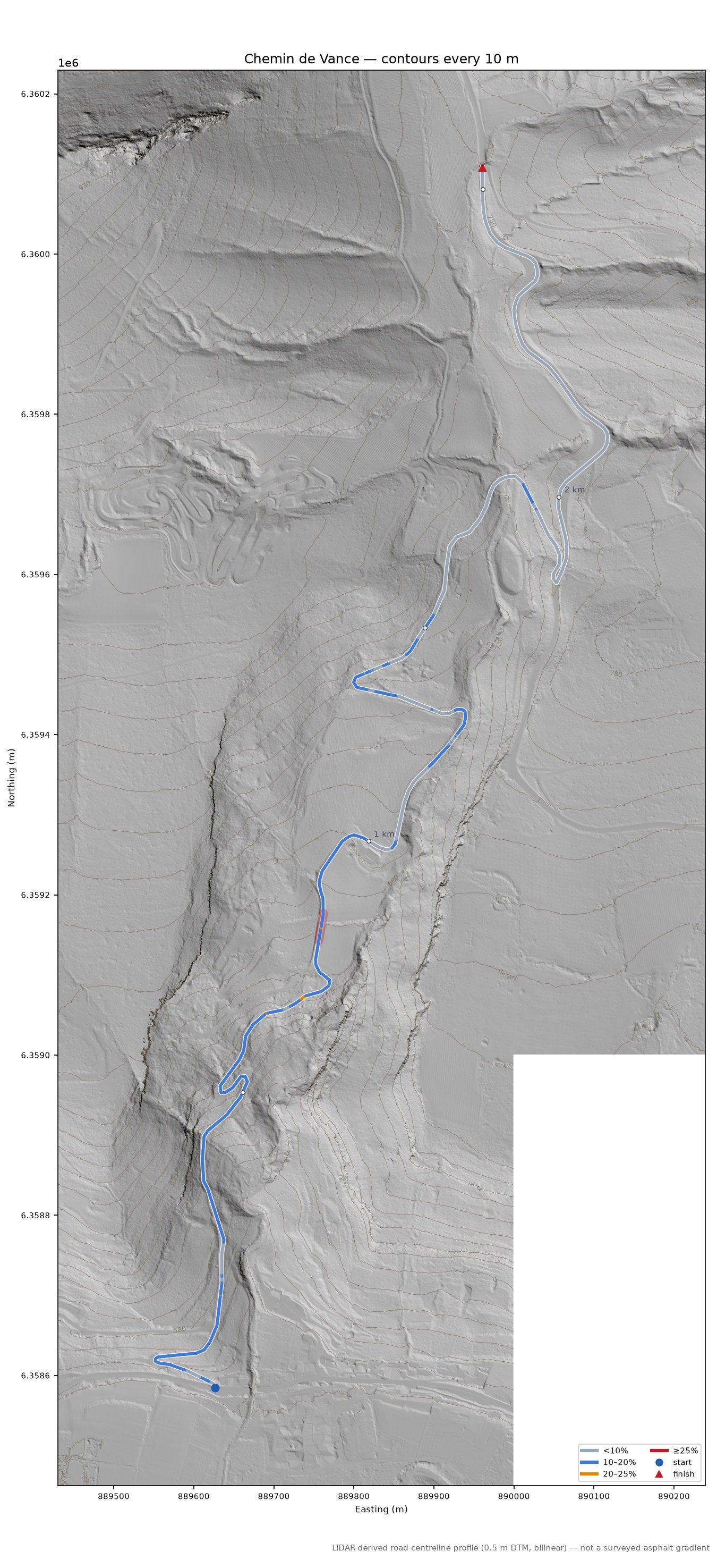 Chemin de Vance LiDAR hillshade map with contours