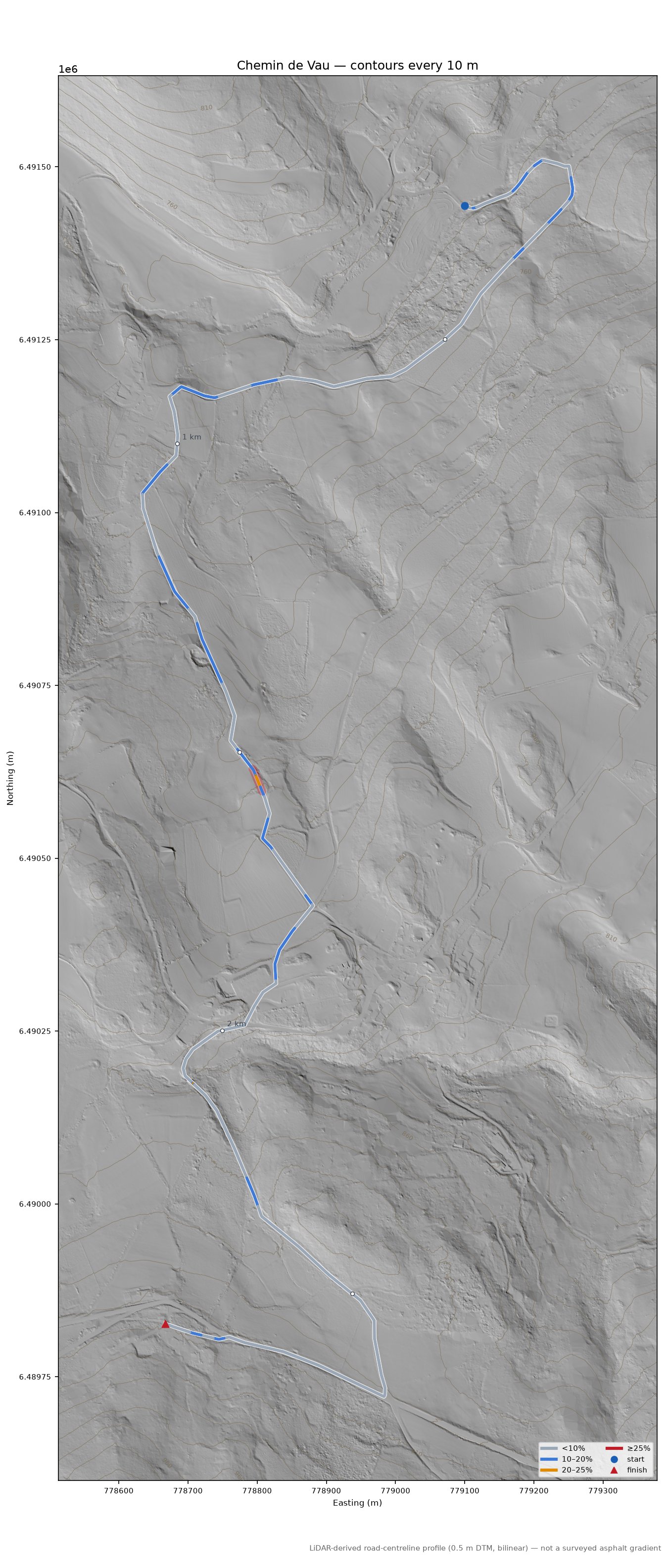 Chemin de Vau LiDAR hillshade map with contours