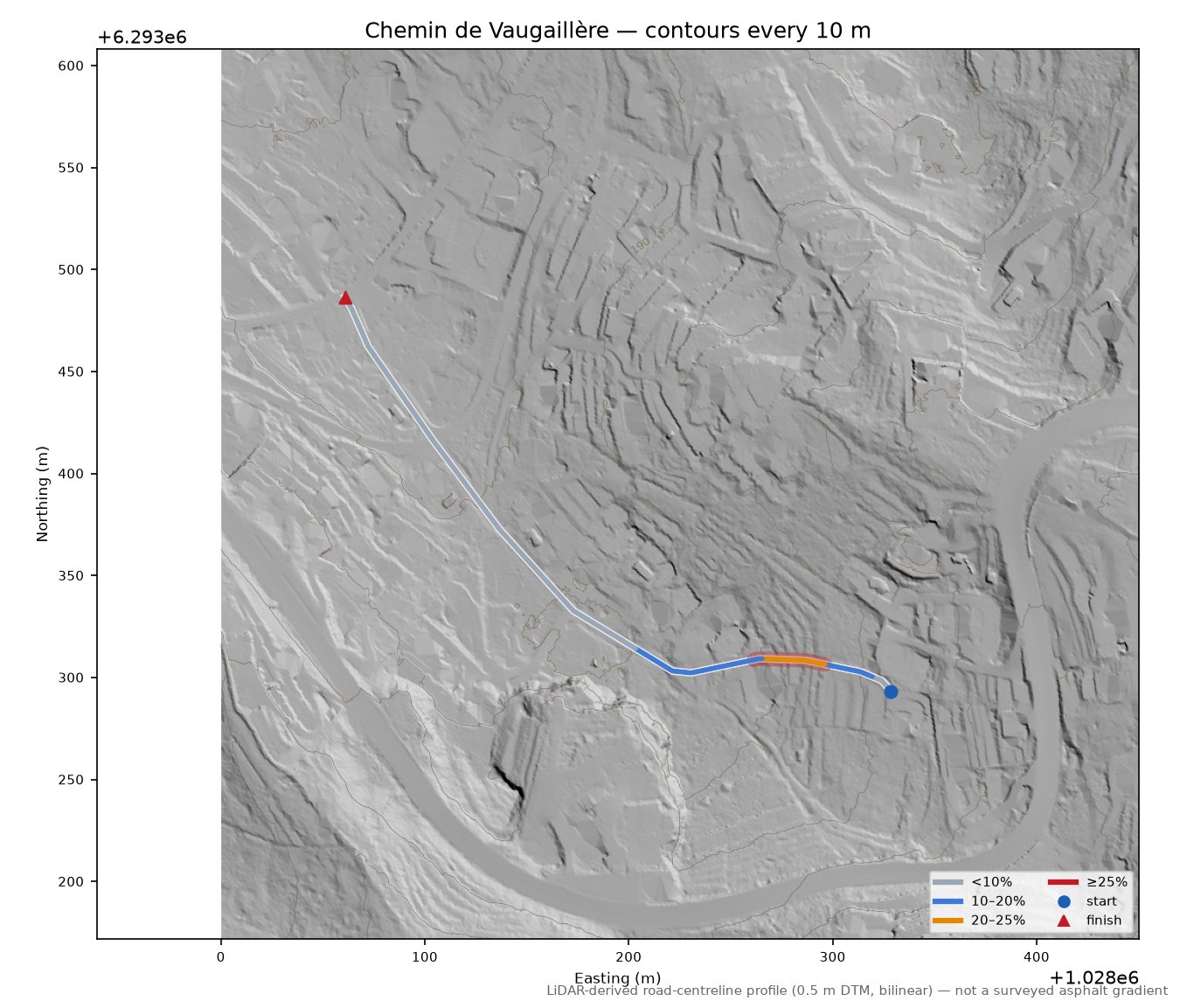 Chemin de Vaugaillère LiDAR hillshade map with contours