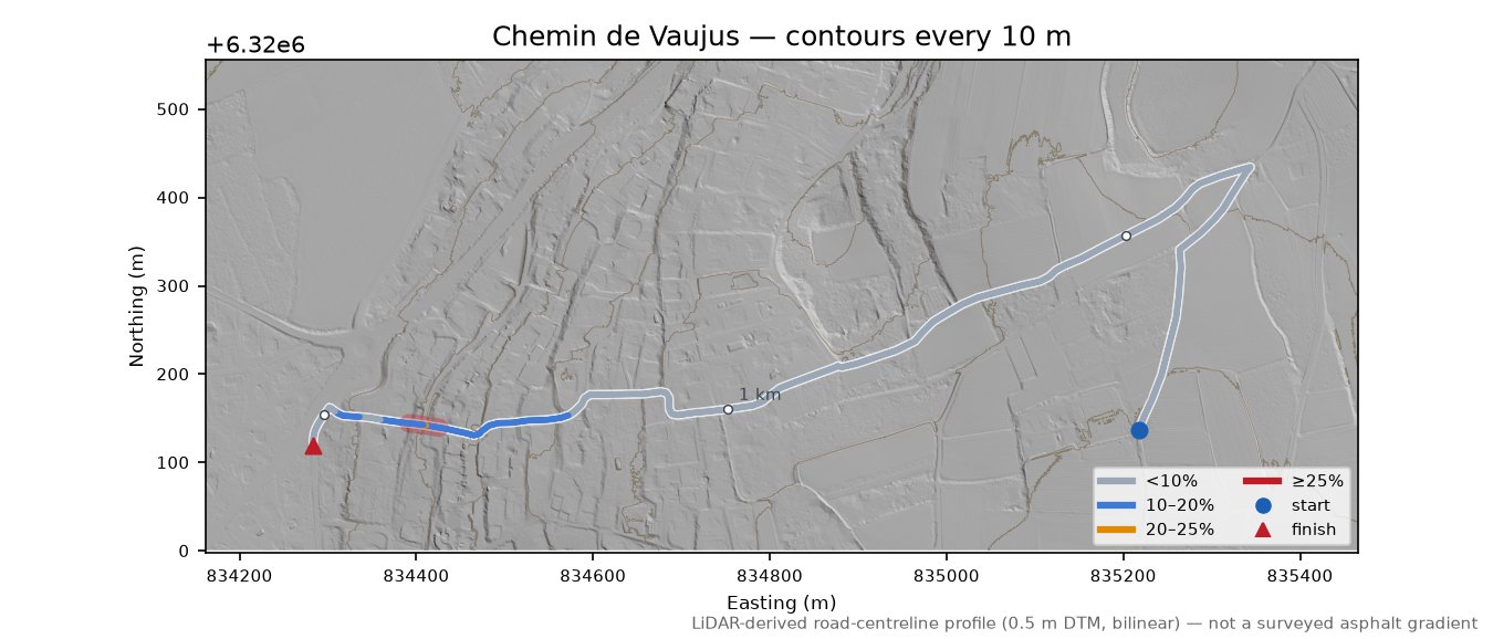 Chemin de Vaujus LiDAR hillshade map with contours