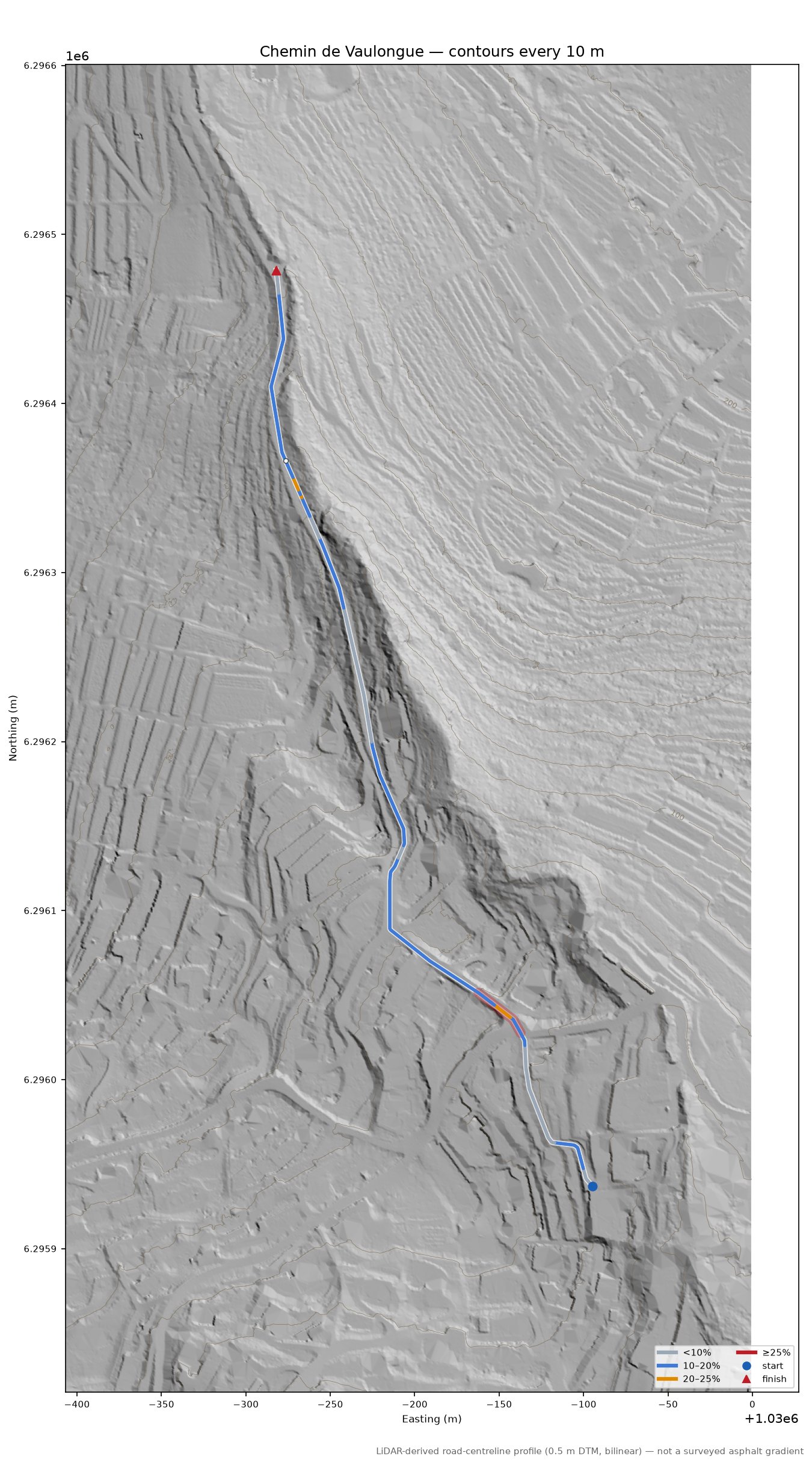 Chemin de Vaulongue LiDAR hillshade map with contours