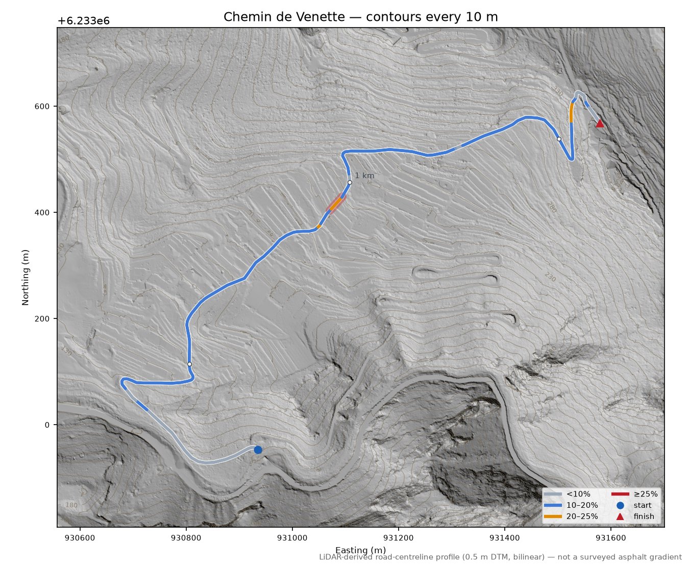 Chemin de Venette LiDAR hillshade map with contours