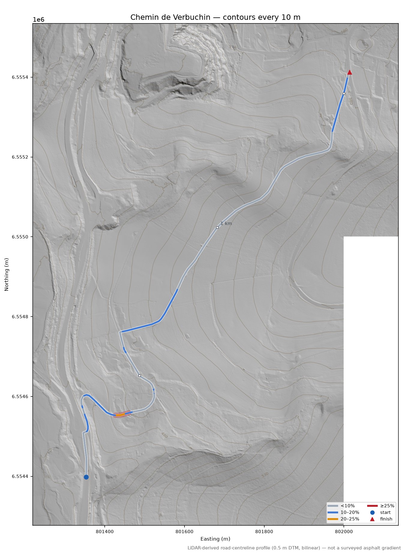 Chemin de Verbuchin LiDAR hillshade map with contours