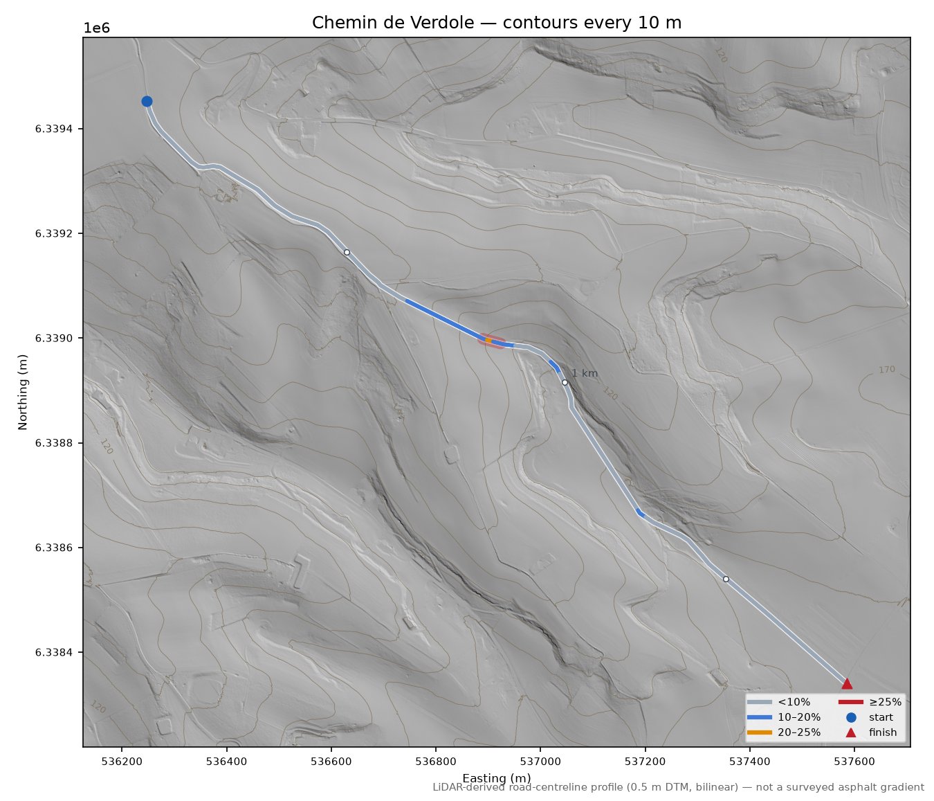 Chemin de Verdole LiDAR hillshade map with contours