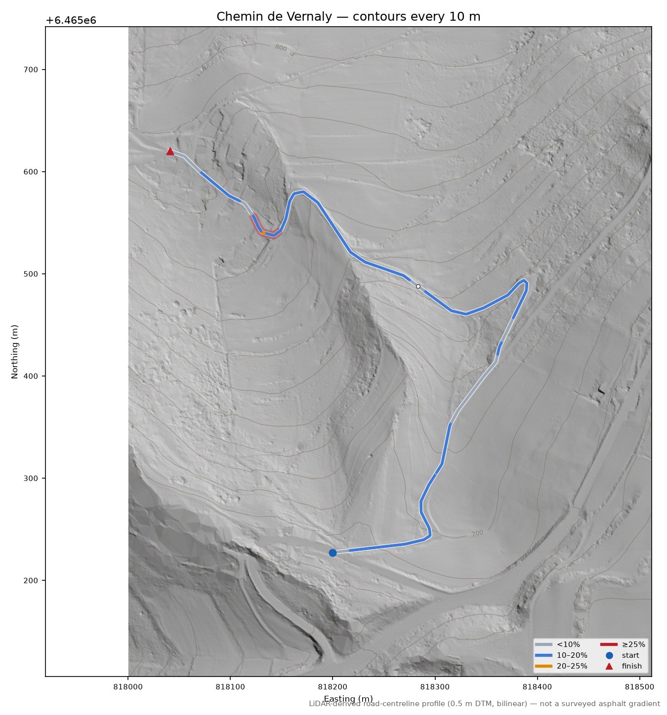 Chemin de Vernaly LiDAR hillshade map with contours