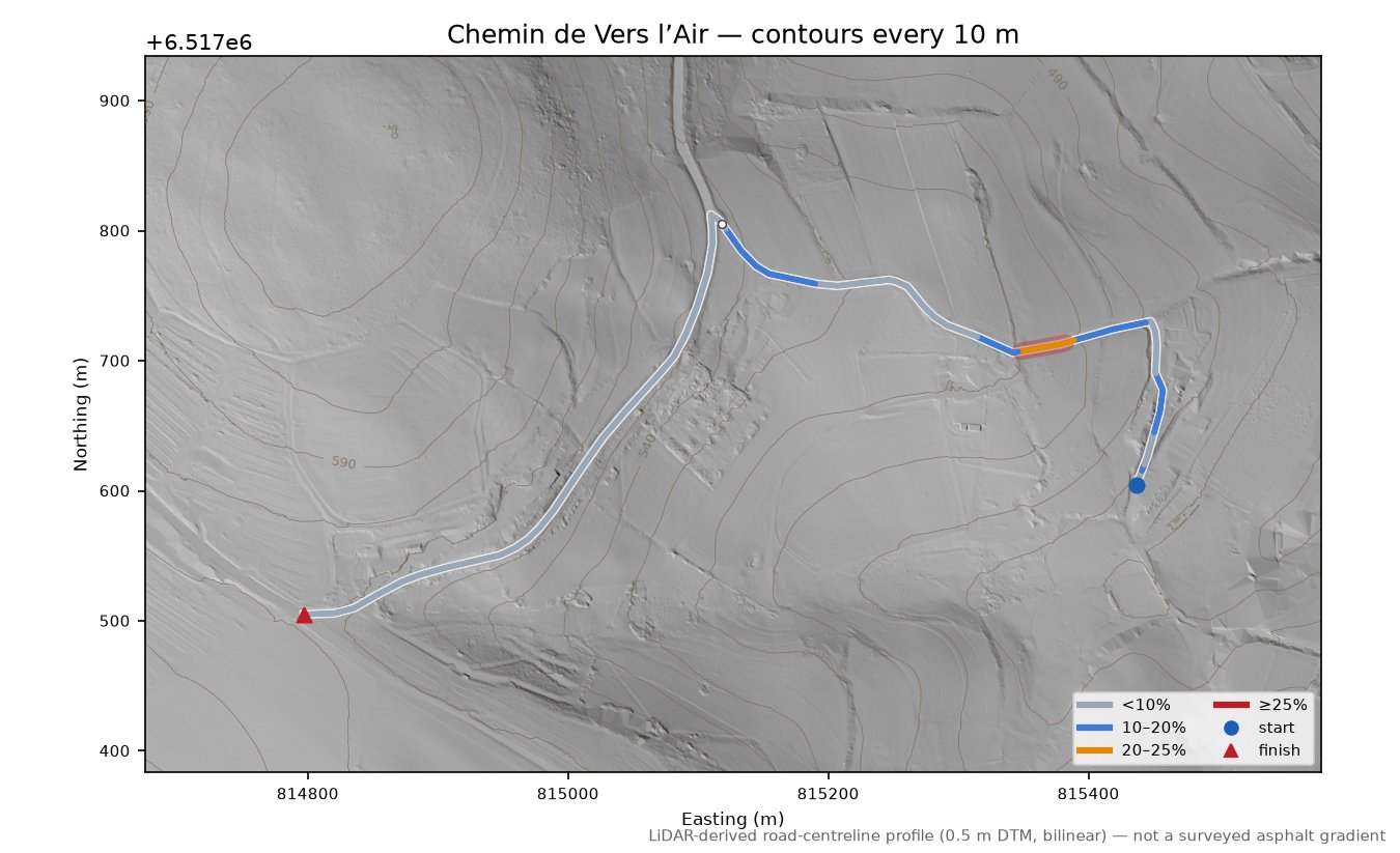 Chemin de Vers l’Air LiDAR hillshade map with contours