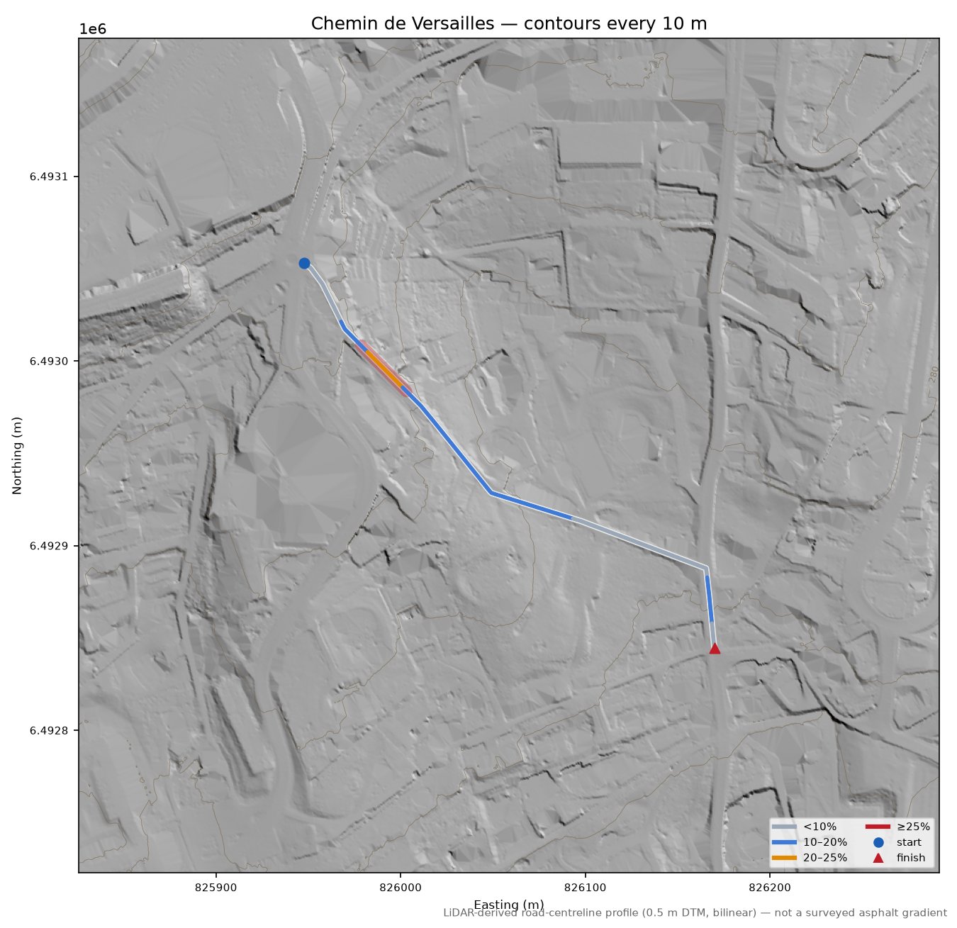 Chemin de Versailles LiDAR hillshade map with contours