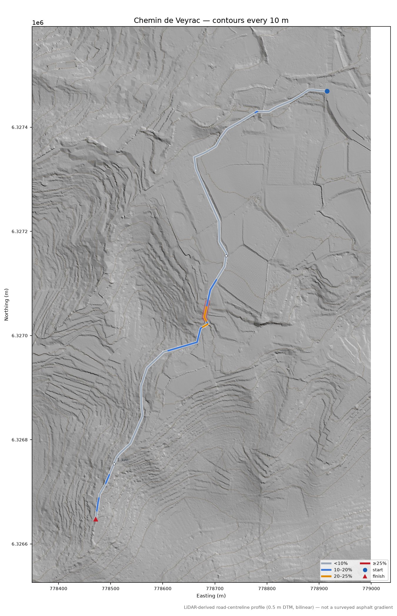 Chemin de Veyrac LiDAR hillshade map with contours
