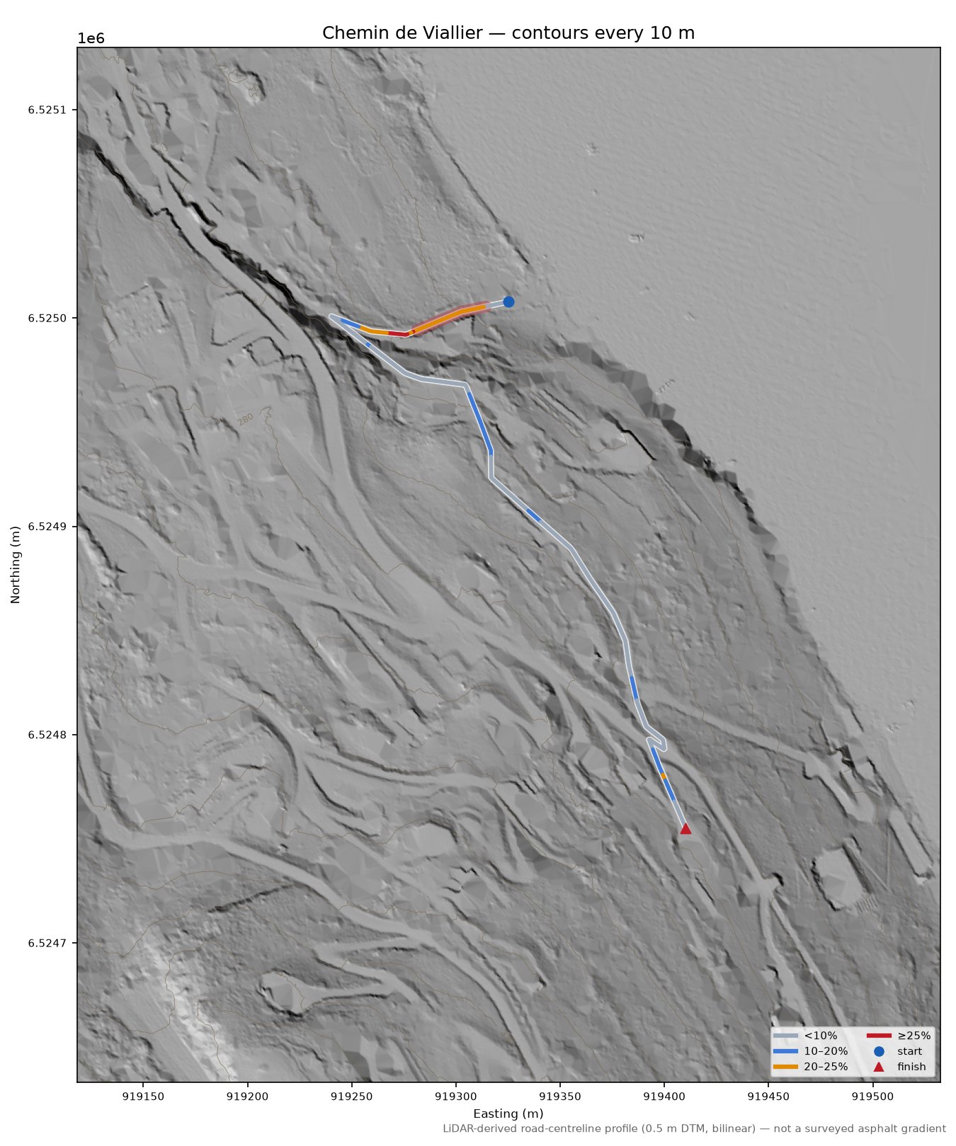Chemin de Viallier LiDAR hillshade map with contours