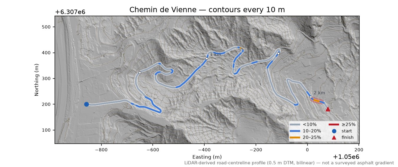 Chemin de Vienne LiDAR hillshade map with contours
