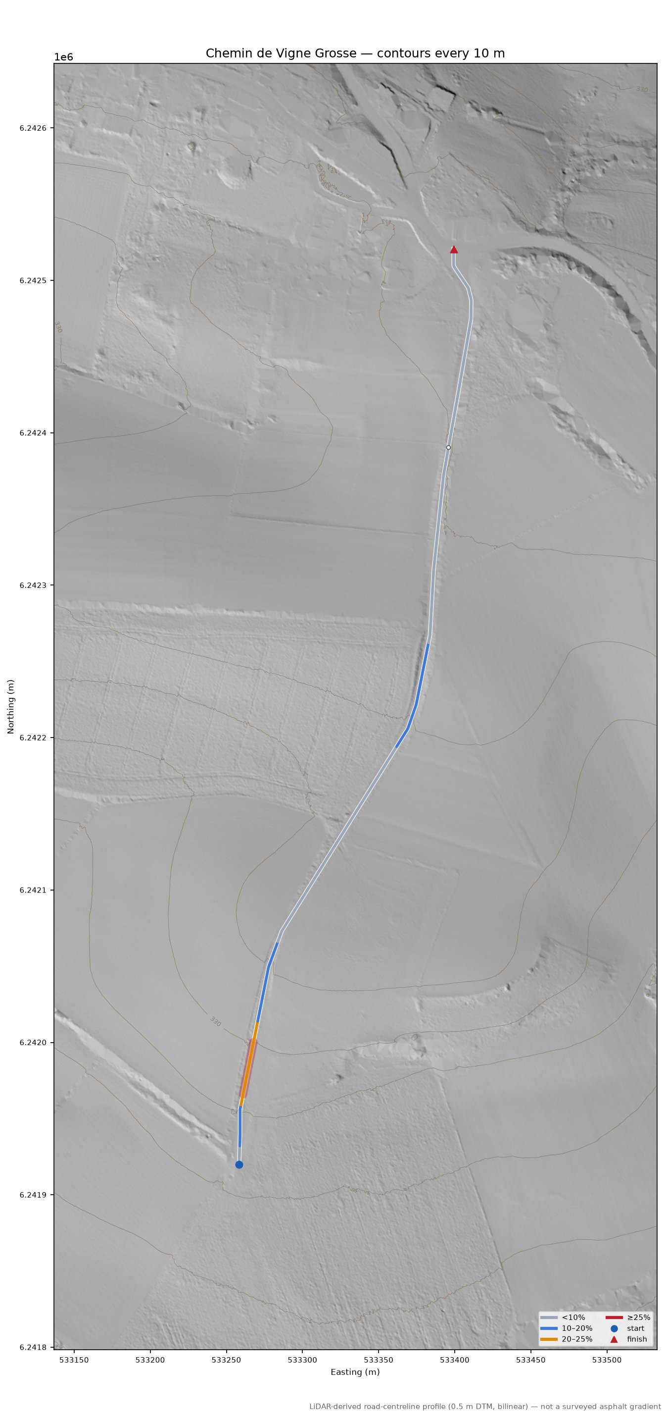 Chemin de Vigne Grosse LiDAR hillshade map with contours