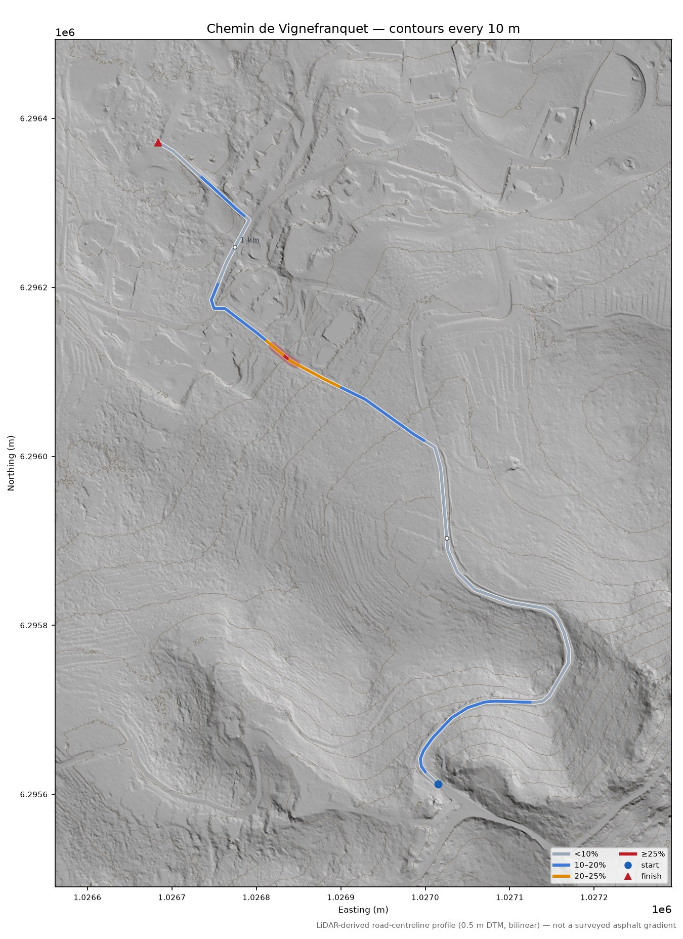 Chemin de Vignefranquet LiDAR hillshade map with contours