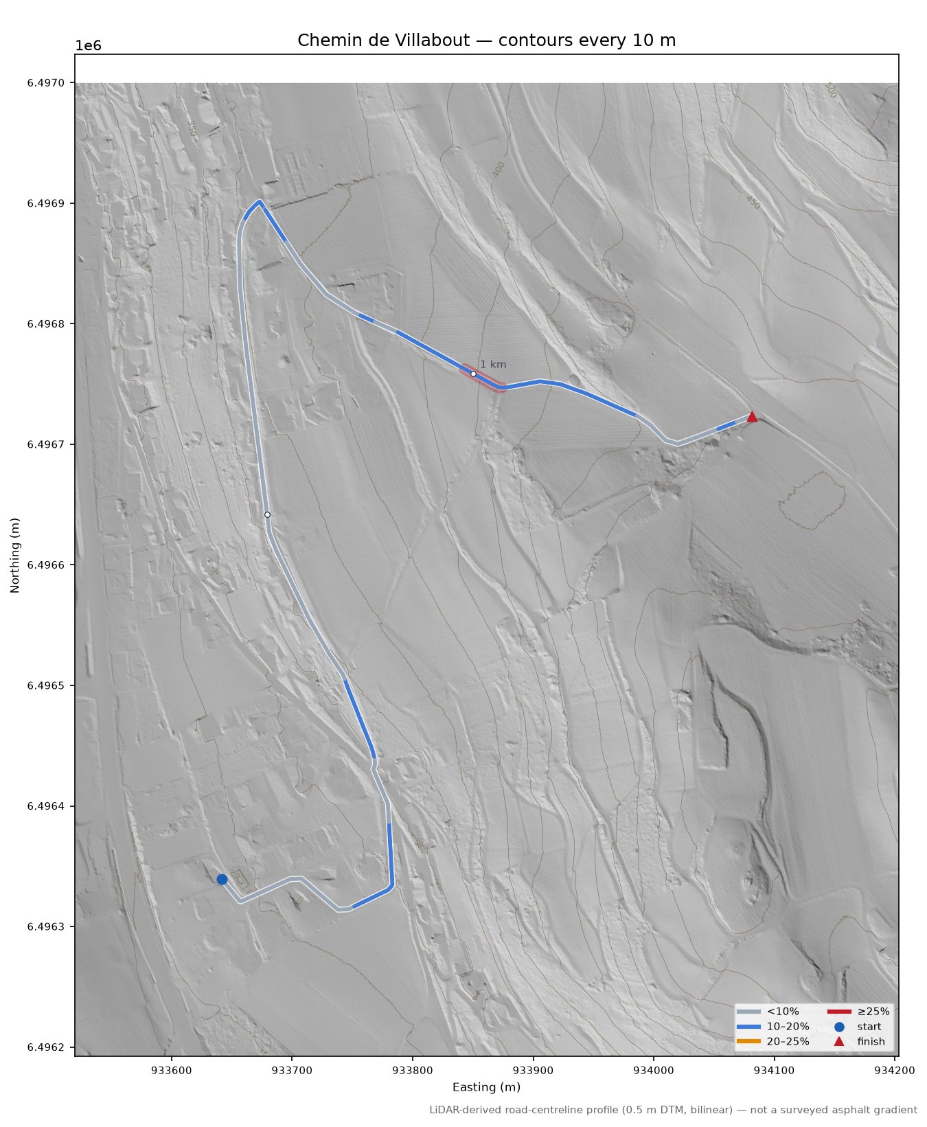 Chemin de Villabout LiDAR hillshade map with contours