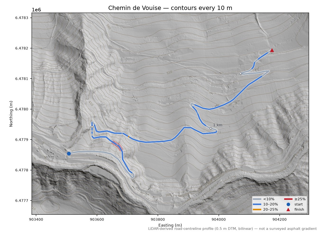 Chemin de Vouise LiDAR hillshade map with contours