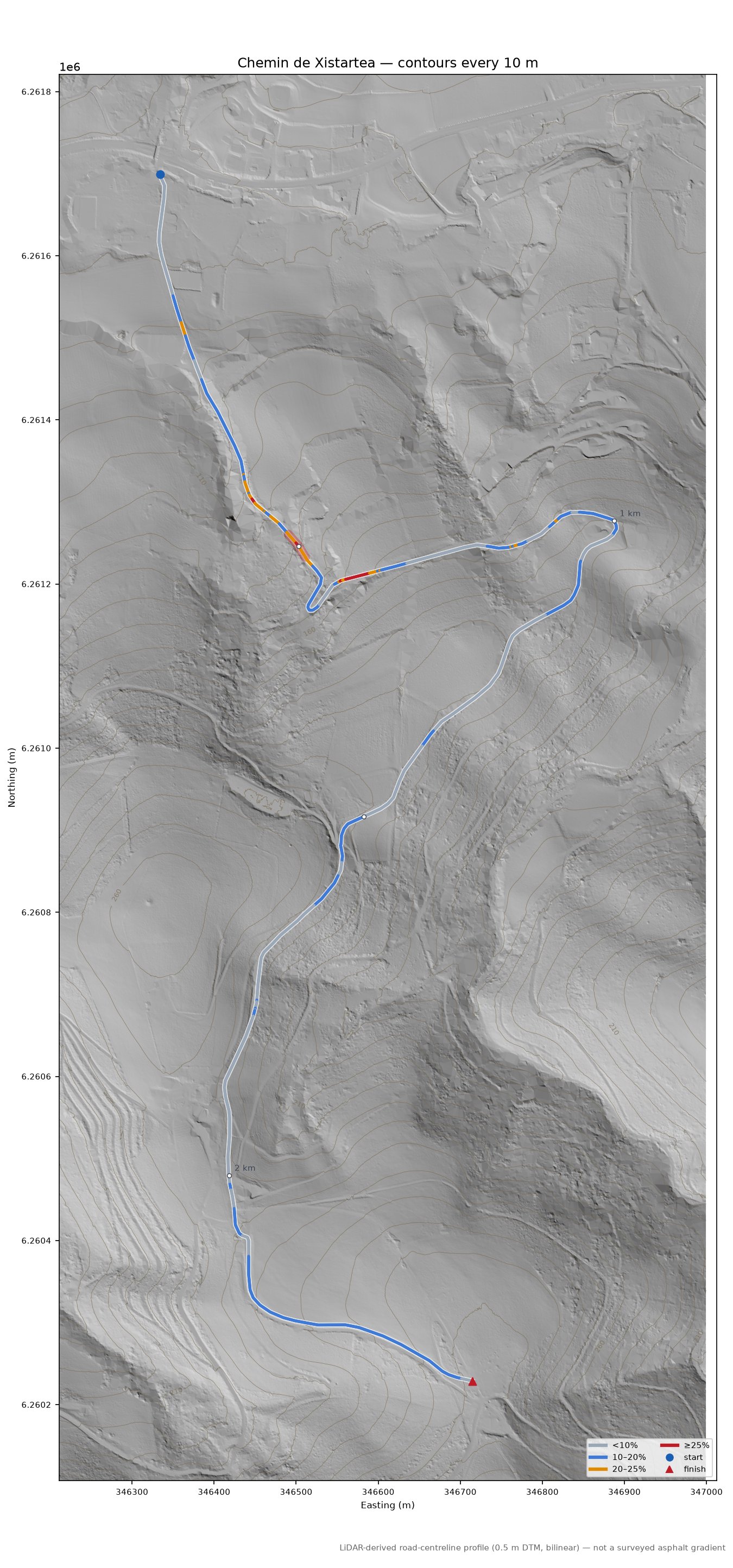 Chemin de Xistartea LiDAR hillshade map with contours