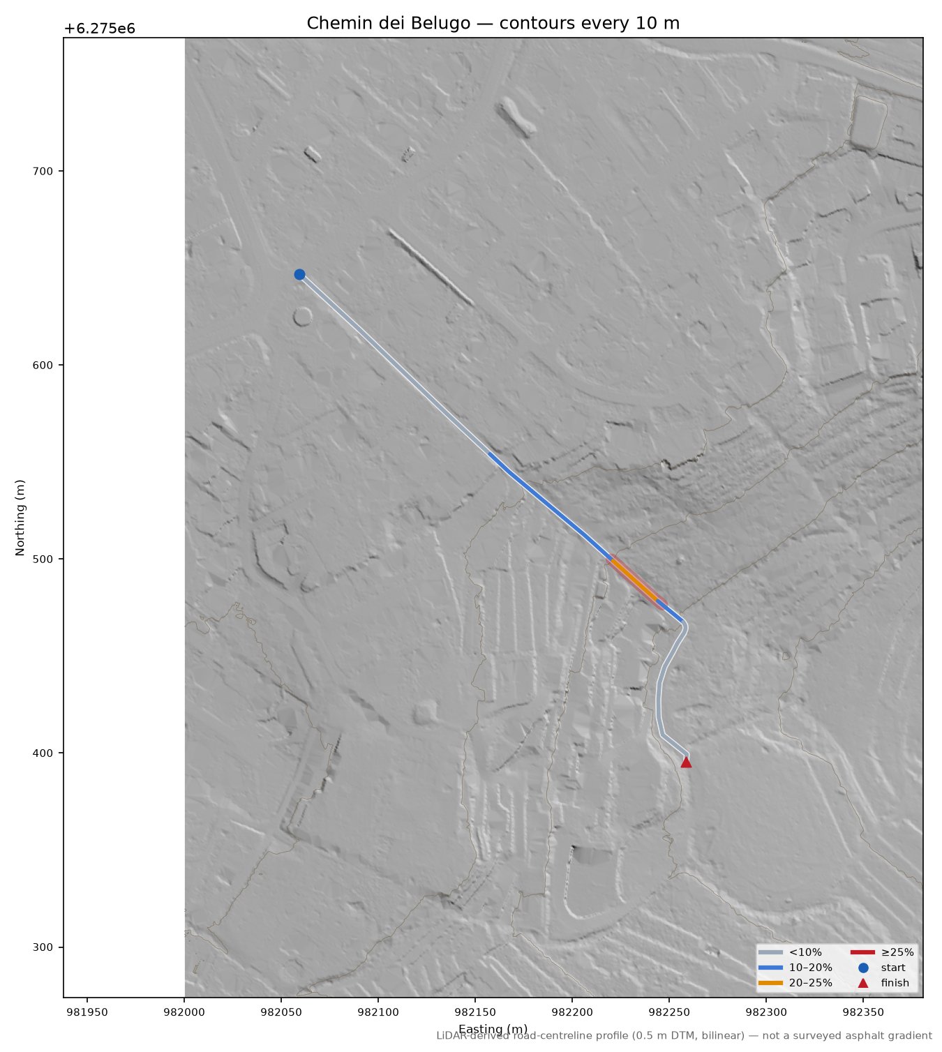 Chemin dei Belugo LiDAR hillshade map with contours