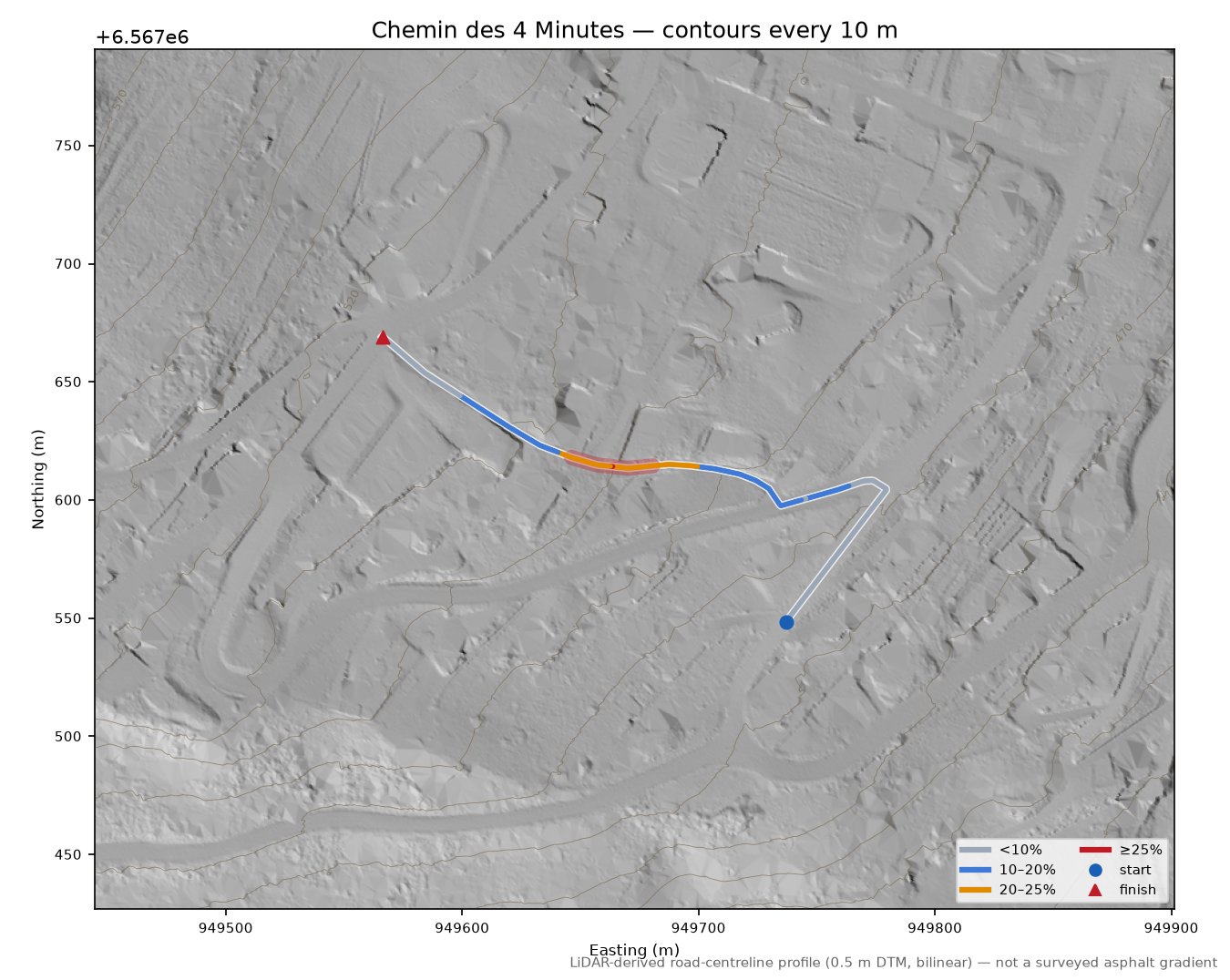 Chemin des 4 Minutes LiDAR hillshade map with contours