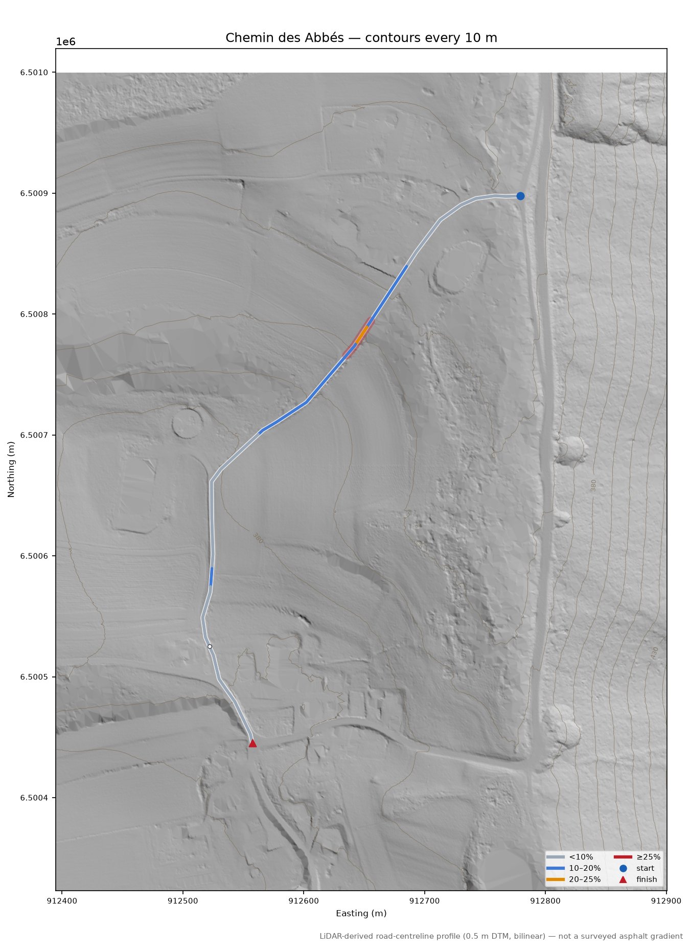 Chemin des Abbés LiDAR hillshade map with contours