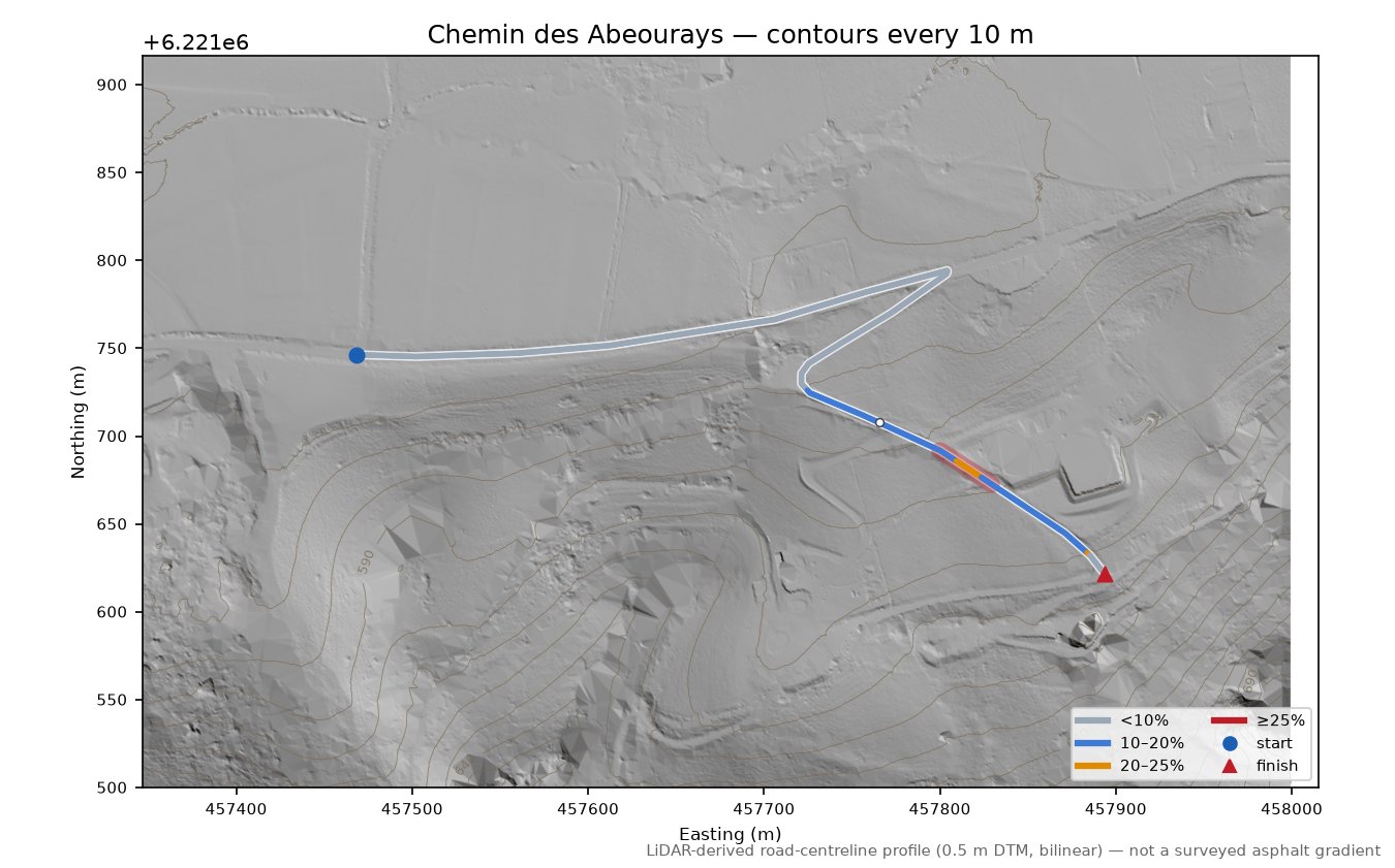 Chemin des Abeourays LiDAR hillshade map with contours