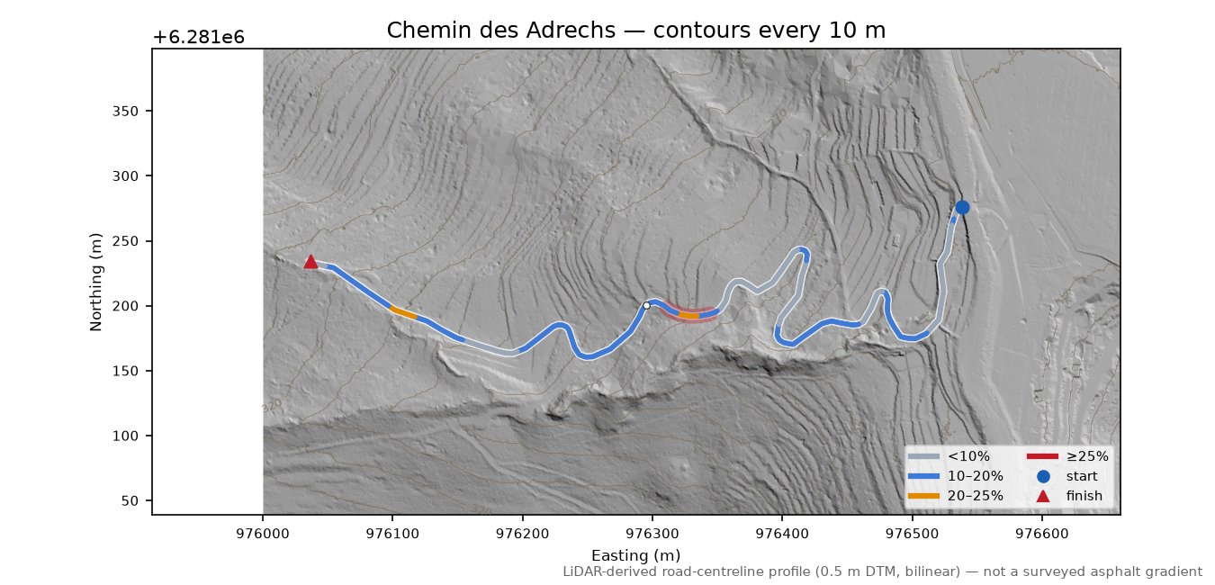 Chemin des Adrechs LiDAR hillshade map with contours