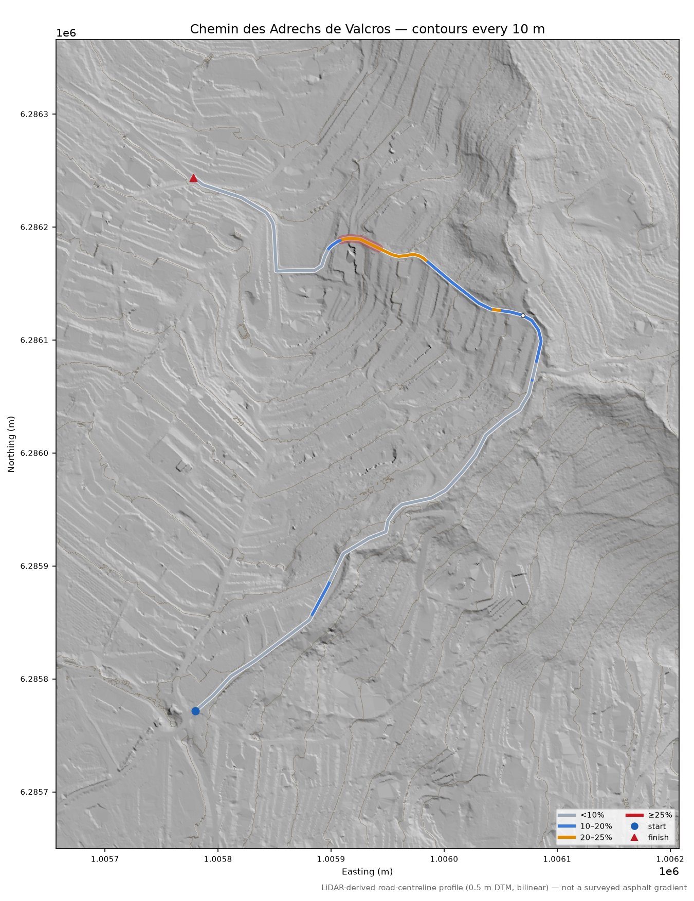 Chemin des Adrechs de Valcros LiDAR hillshade map with contours