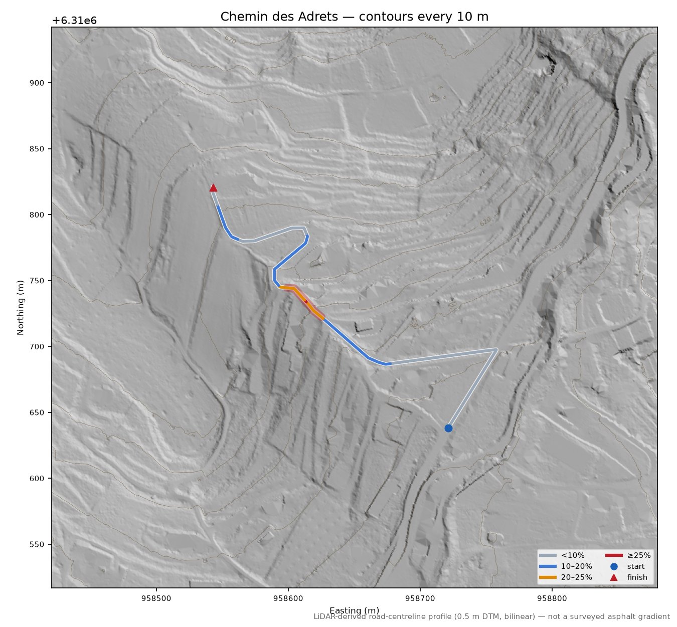 Chemin des Adrets LiDAR hillshade map with contours