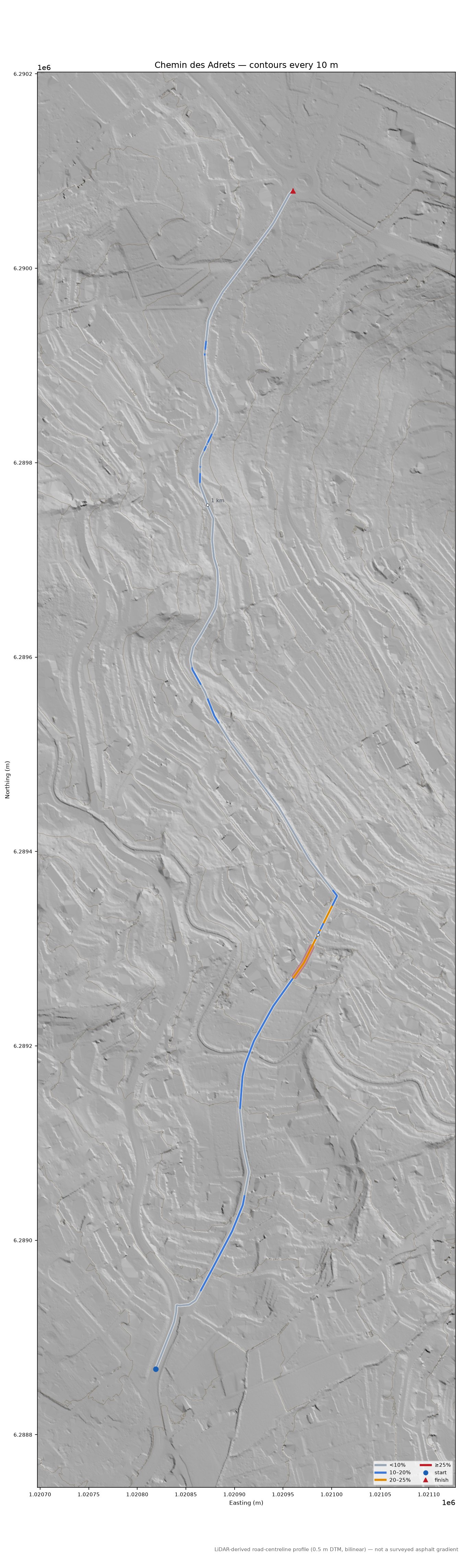 Chemin des Adrets LiDAR hillshade map with contours