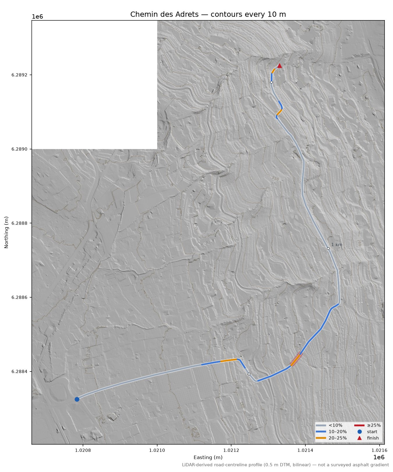 Chemin des Adrets LiDAR hillshade map with contours