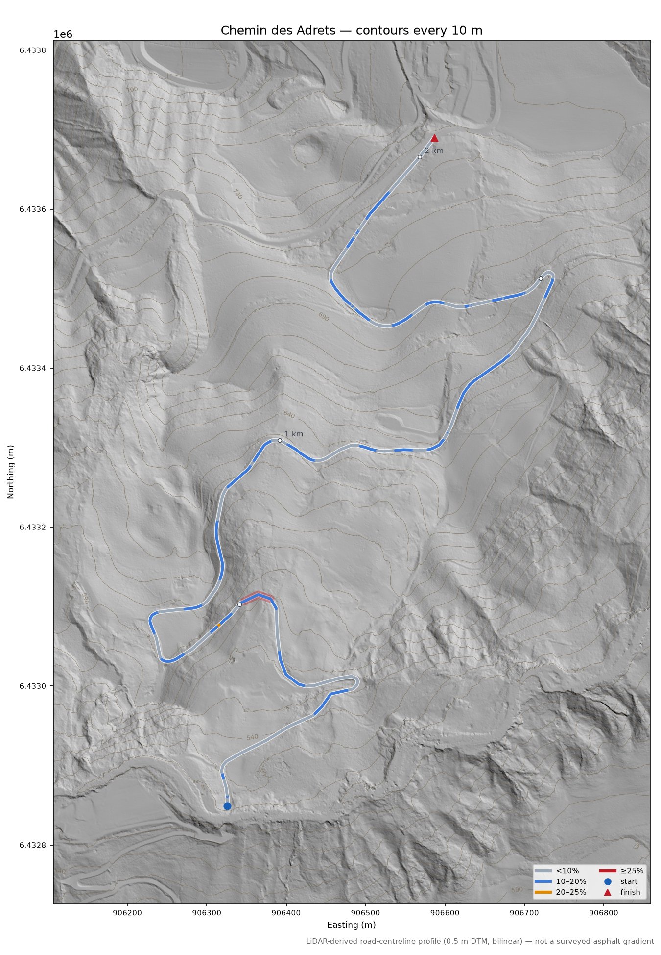 Chemin des Adrets LiDAR hillshade map with contours