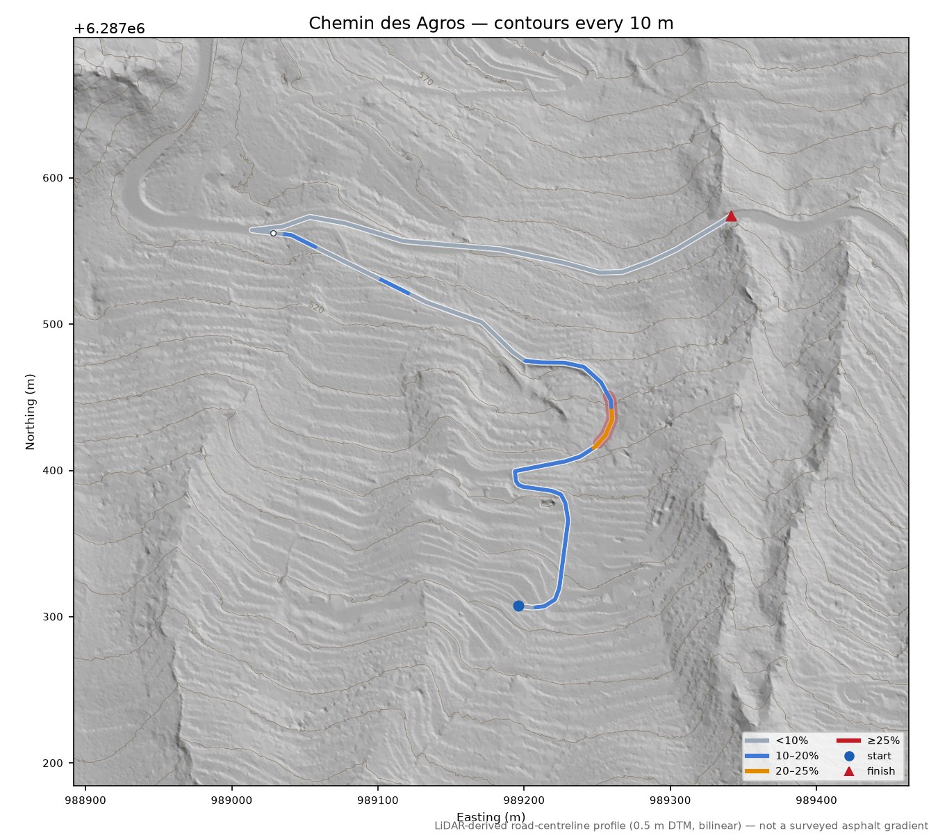 Chemin des Agros LiDAR hillshade map with contours