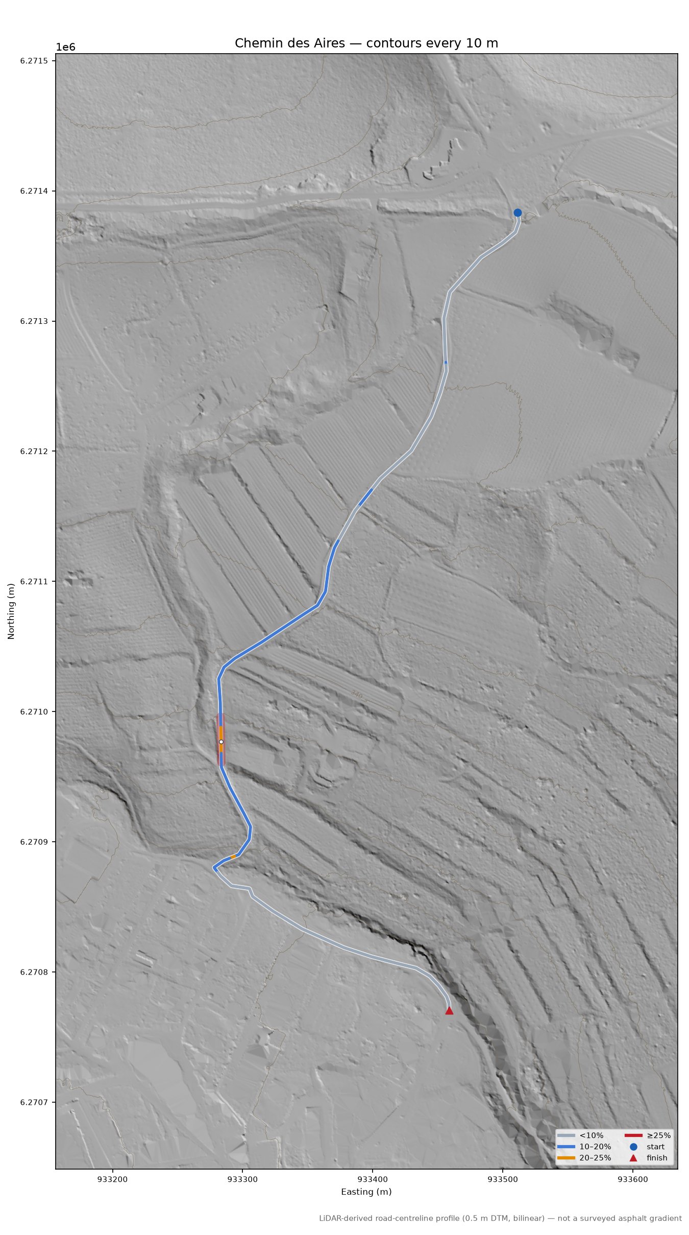Chemin des Aires LiDAR hillshade map with contours