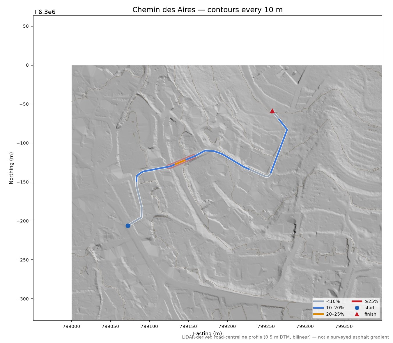 Chemin des Aires LiDAR hillshade map with contours