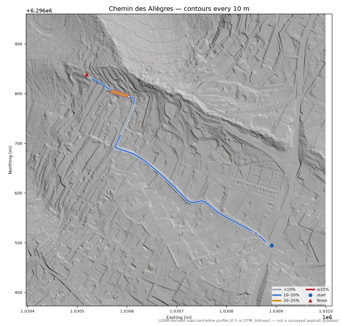 Chemin des Allègres LiDAR hillshade map with contours