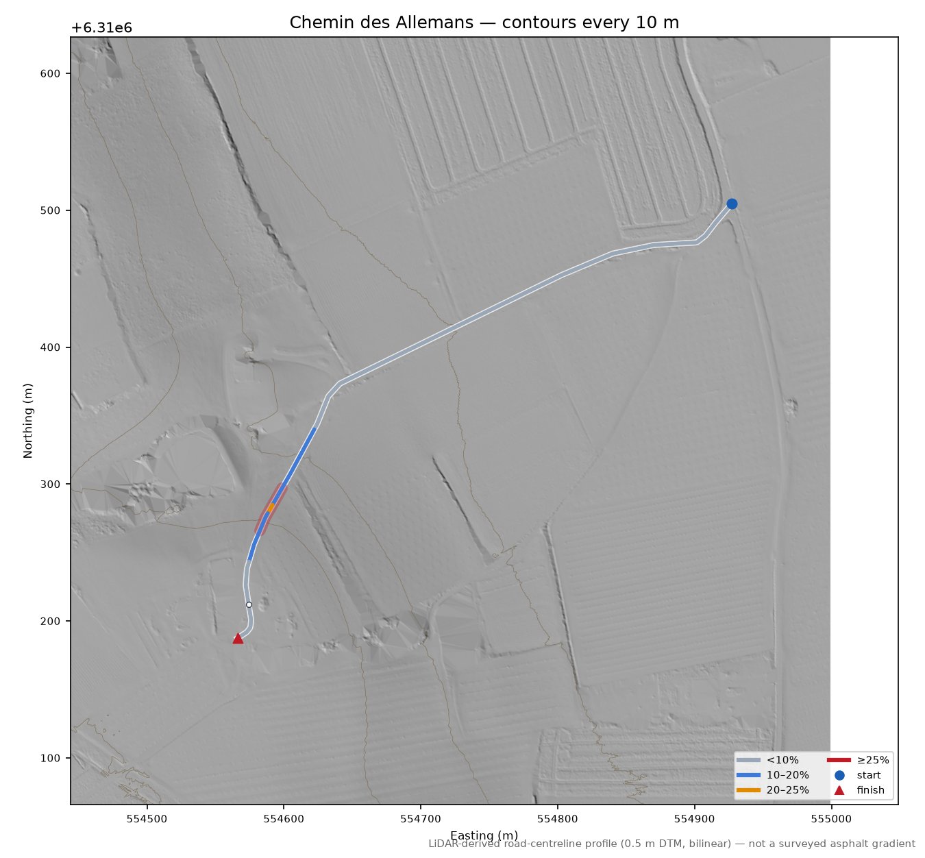 Chemin des Allemans LiDAR hillshade map with contours