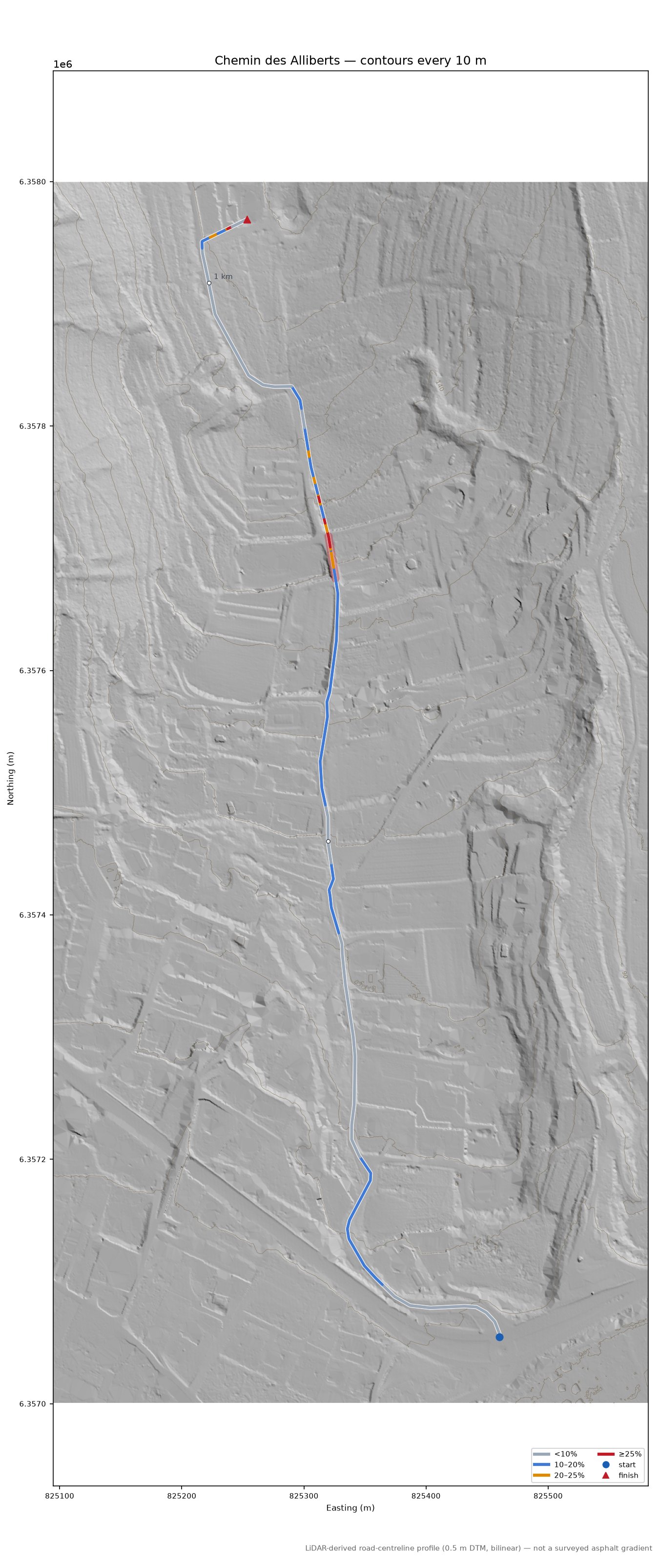 Chemin des Alliberts LiDAR hillshade map with contours