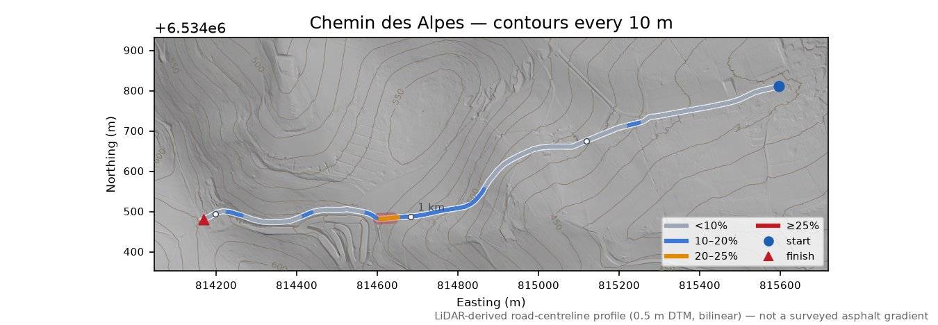 Chemin des Alpes LiDAR hillshade map with contours