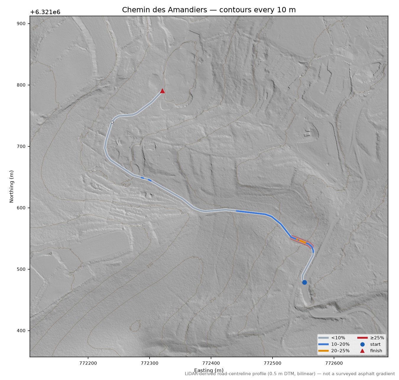 Chemin des Amandiers LiDAR hillshade map with contours