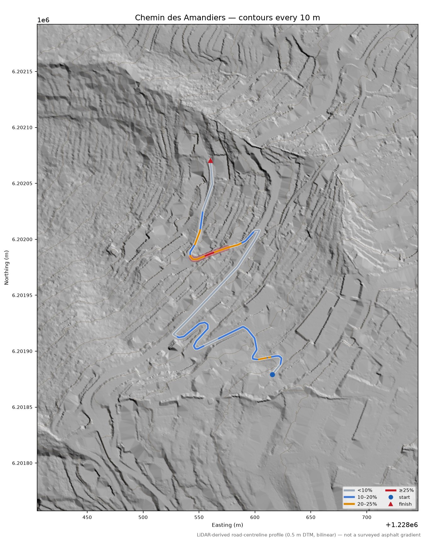 Chemin des Amandiers LiDAR hillshade map with contours
