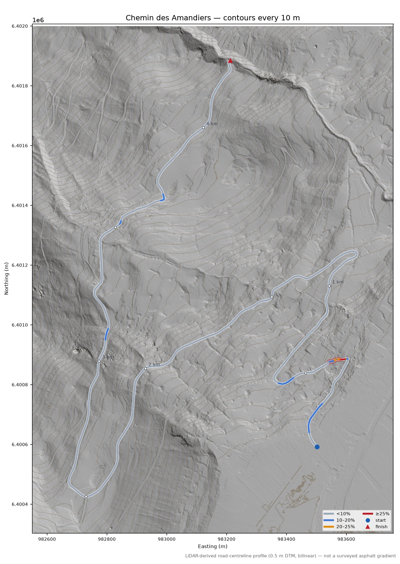 Chemin des Amandiers LiDAR hillshade map with contours