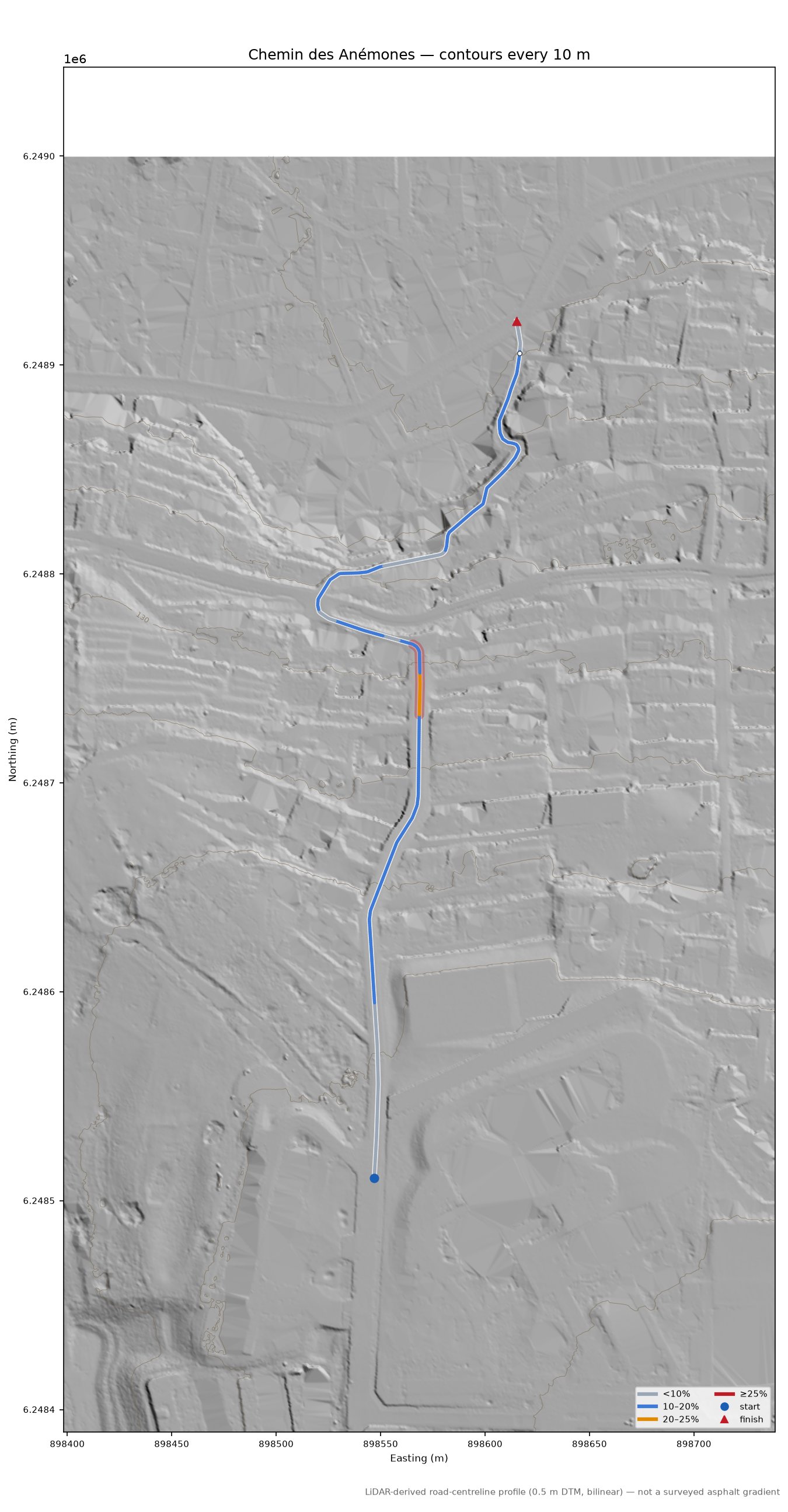 Chemin des Anémones LiDAR hillshade map with contours