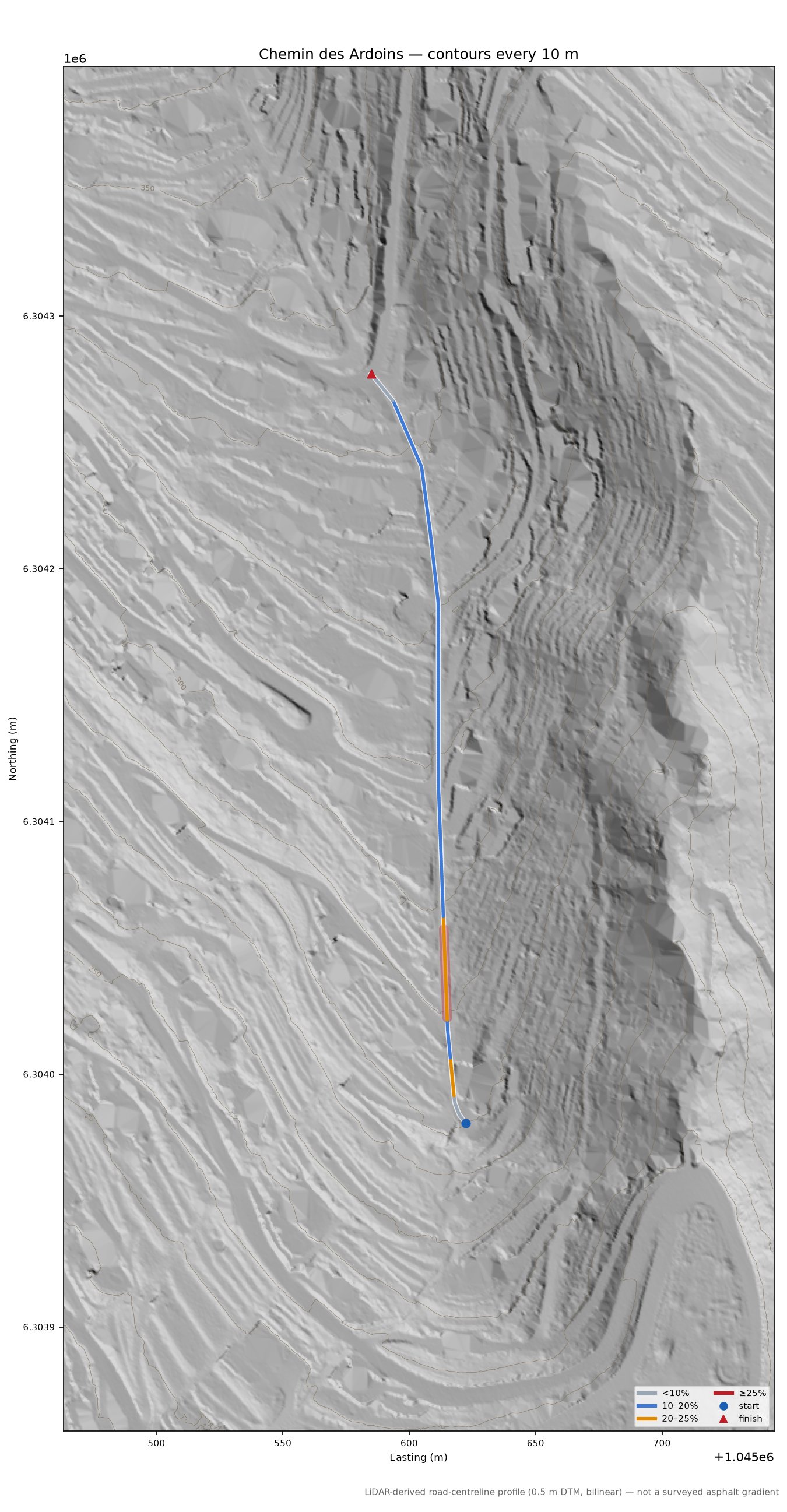 Chemin des Ardoins LiDAR hillshade map with contours