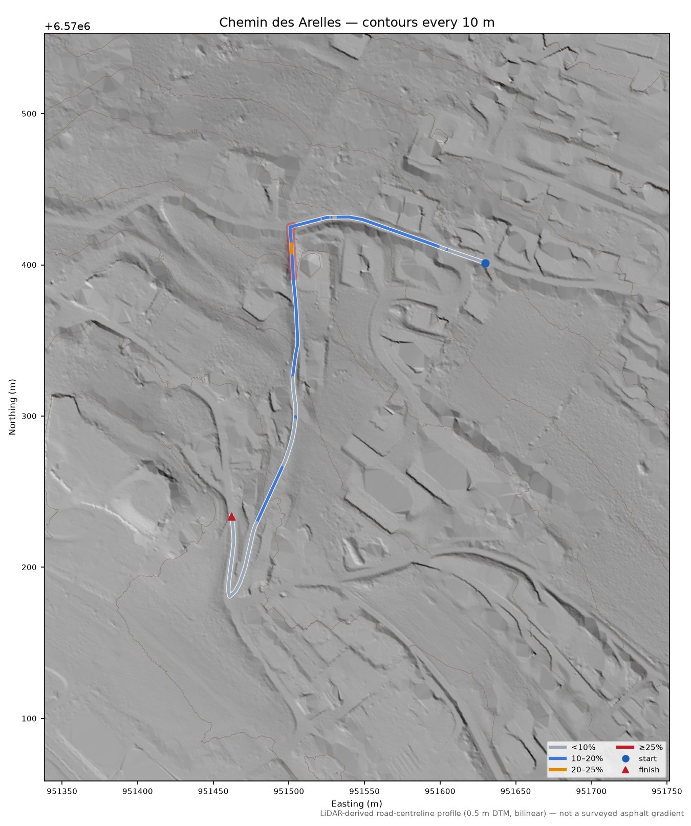 Chemin des Arelles LiDAR hillshade map with contours