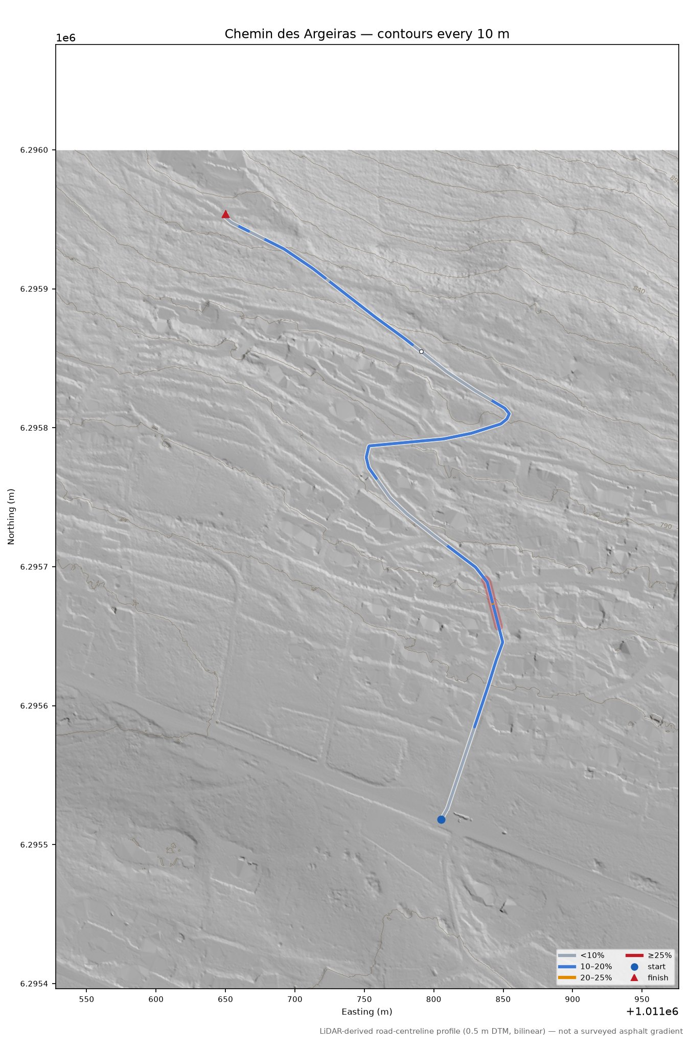 Chemin des Argeiras LiDAR hillshade map with contours
