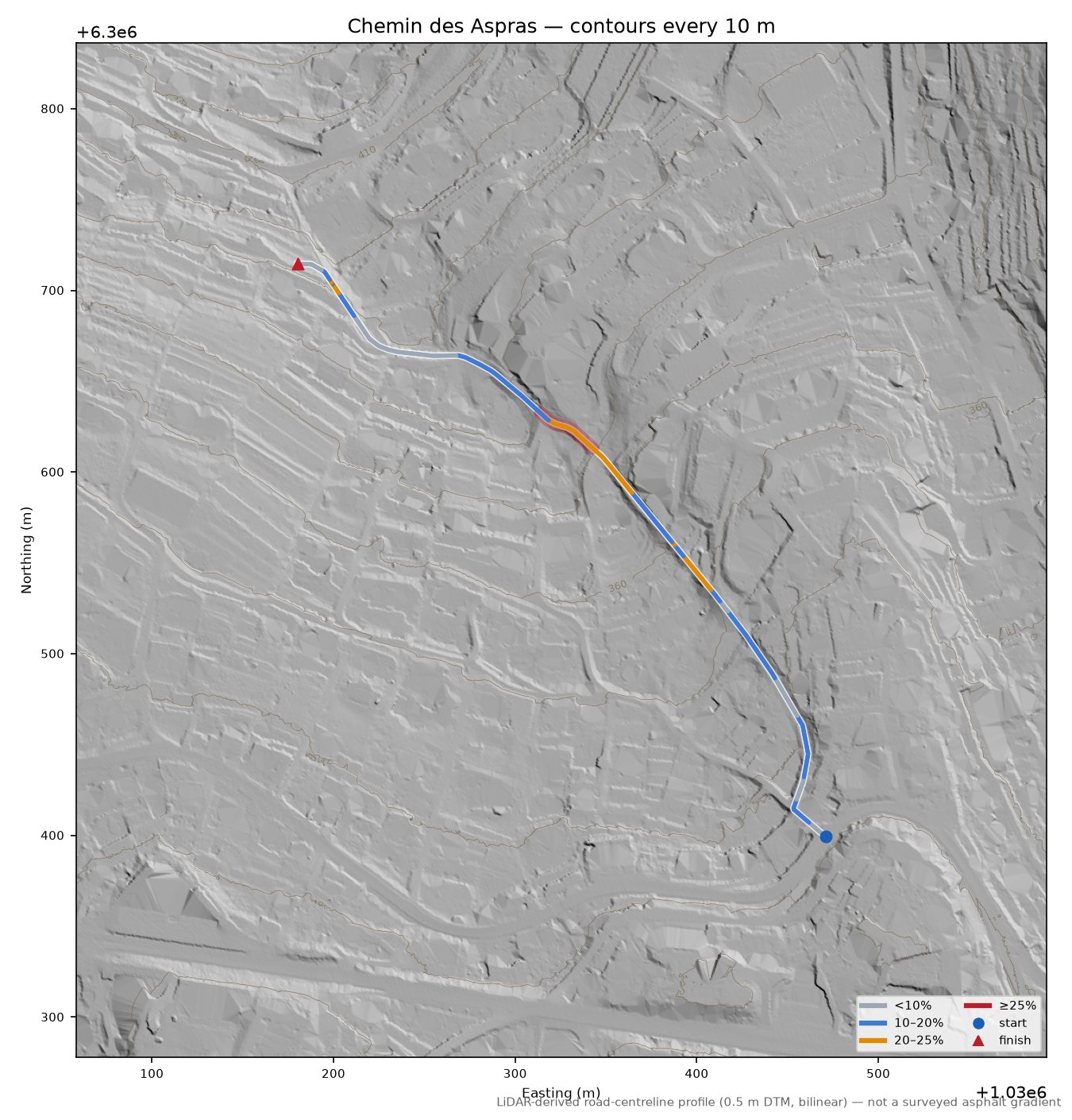 Chemin des Aspras LiDAR hillshade map with contours